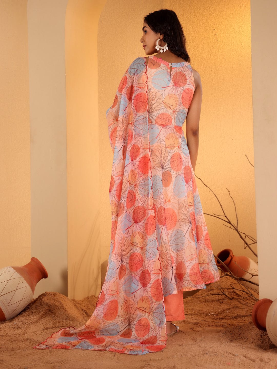 The Kurti Collection Women Beige Abstract Printed Sleeveless Anarkali Kurta Paired With Tonal Solid Bottom And Dupatta