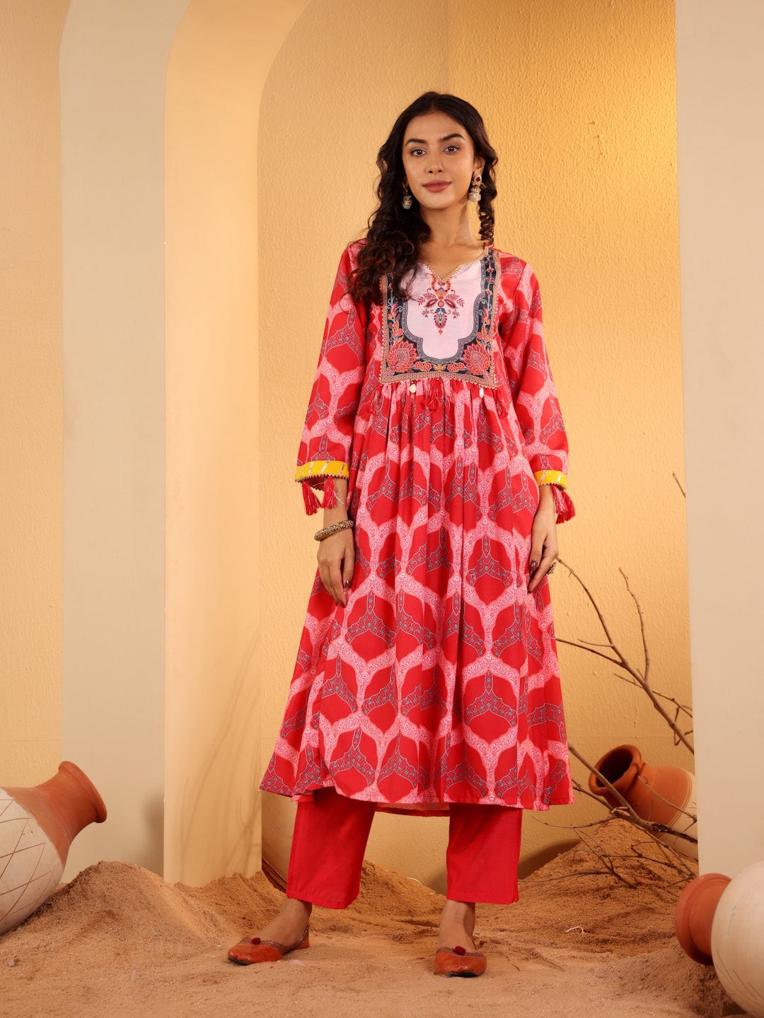 The Kurti Collection Women Red Ethnic Motif Printed Anarkali Kurta Paired With Tonal Solid Bottom And Dupatta