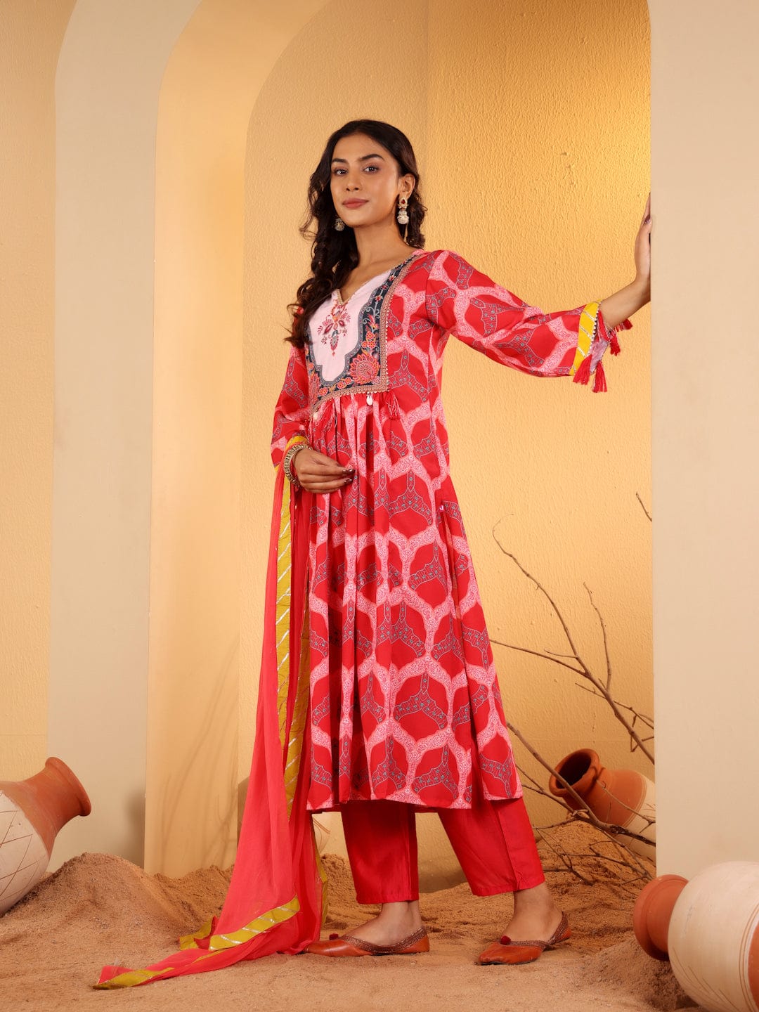 The Kurti Collection Women Red Ethnic Motif Printed Anarkali Kurta Paired With Tonal Solid Bottom And Dupatta