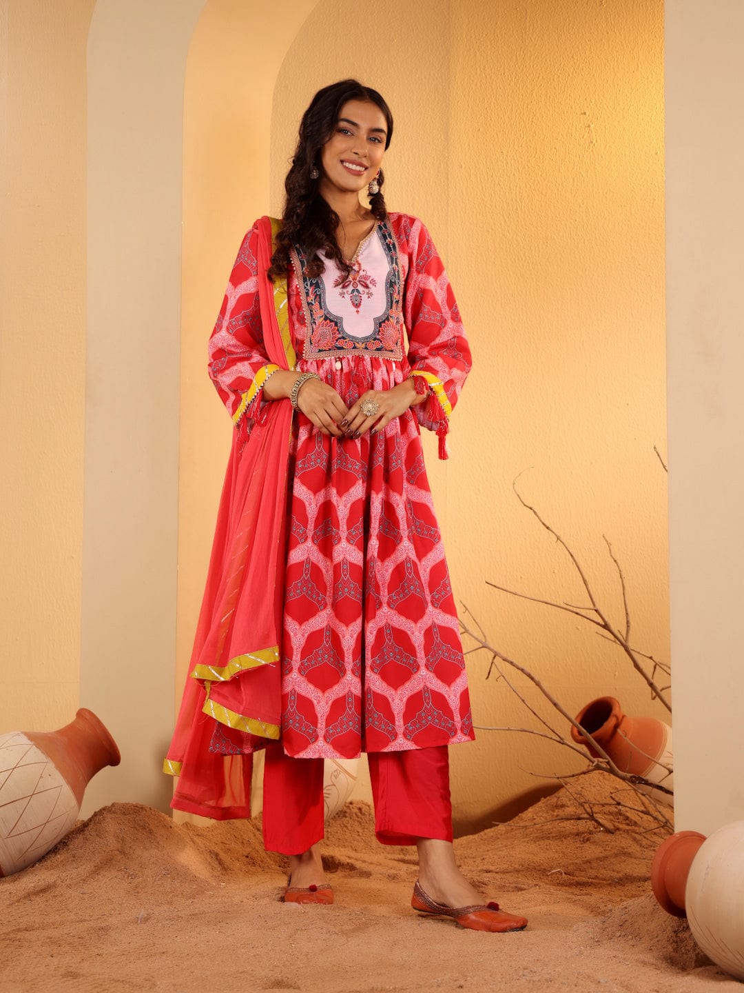 The Kurti Collection Women Red Ethnic Motif Printed Anarkali Kurta Paired With Tonal Solid Bottom And Dupatta