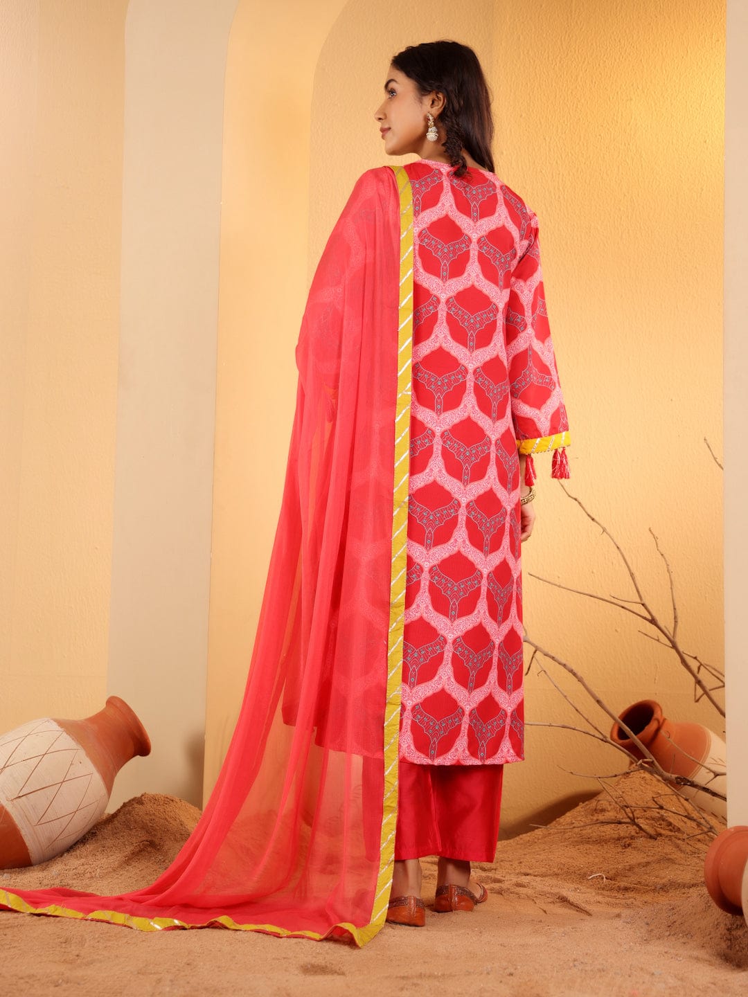 The Kurti Collection Women Red Ethnic Motif Printed Anarkali Kurta Paired With Tonal Solid Bottom And Dupatta