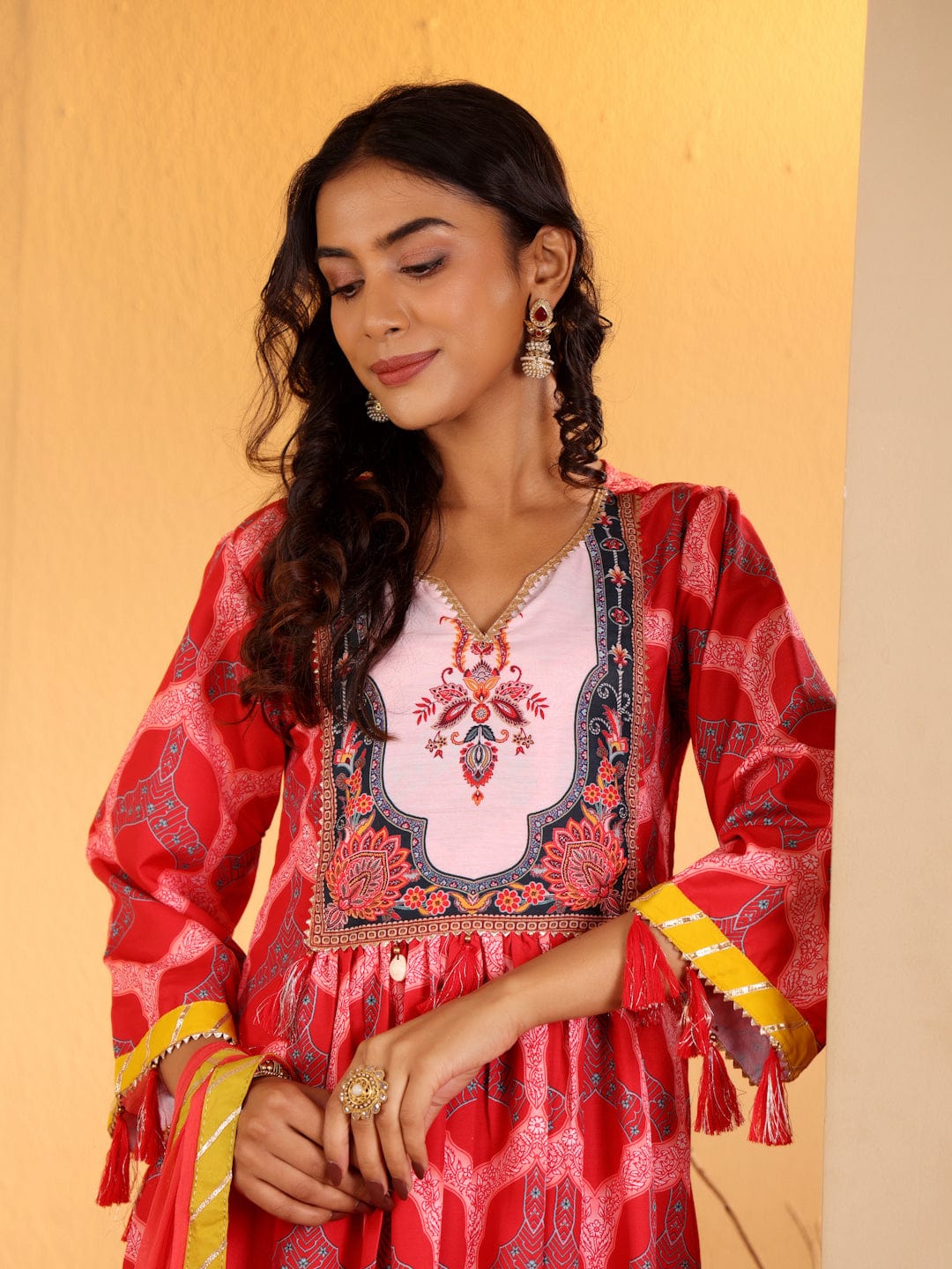 The Kurti Collection Women Red Ethnic Motif Printed Anarkali Kurta Paired With Tonal Solid Bottom And Dupatta