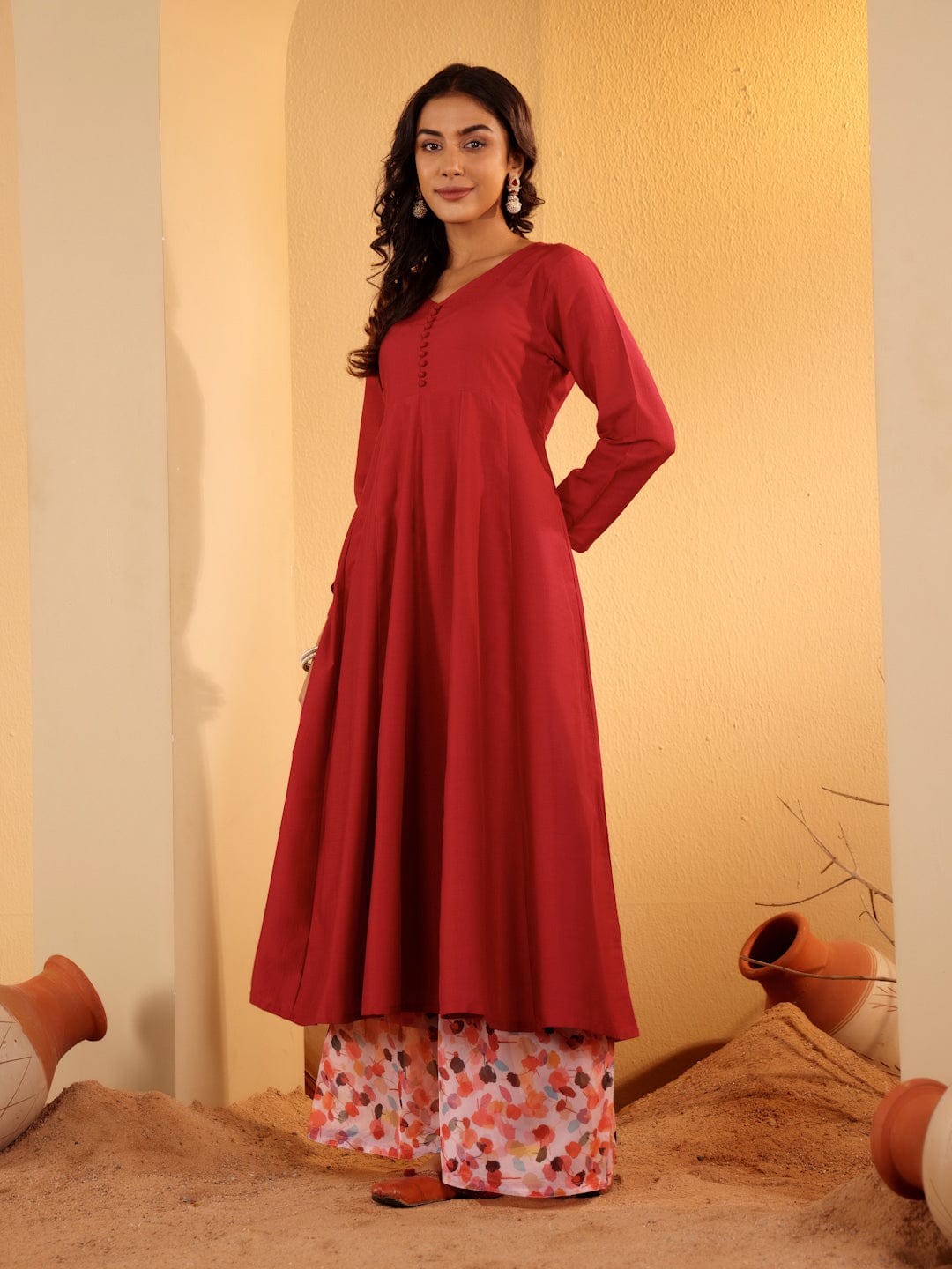 The Kurti Collection Women Maroon Anarkali Kurta Paired With Contrast Bottom And Dupatta
