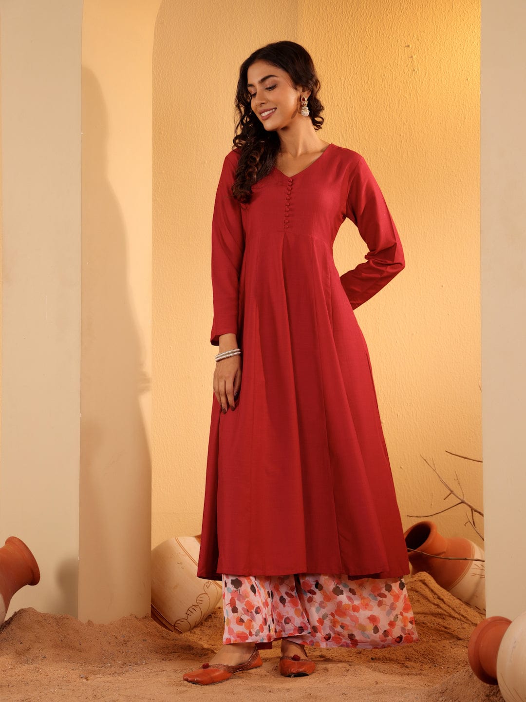 The Kurti Collection Women Maroon Anarkali Kurta Paired With Contrast Bottom And Dupatta