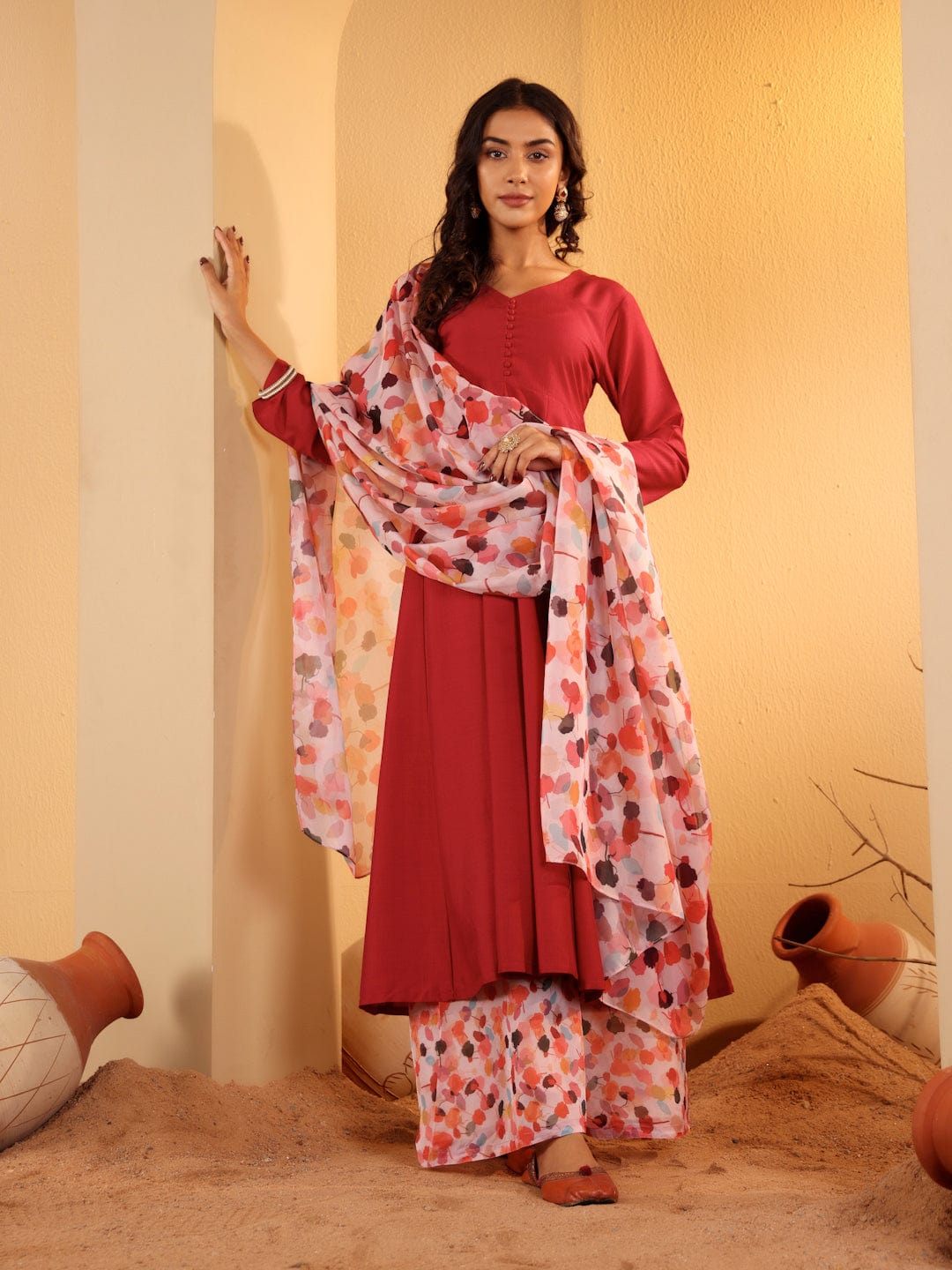 The Kurti Collection Women Maroon Anarkali Kurta Paired With Contrast Bottom And Dupatta