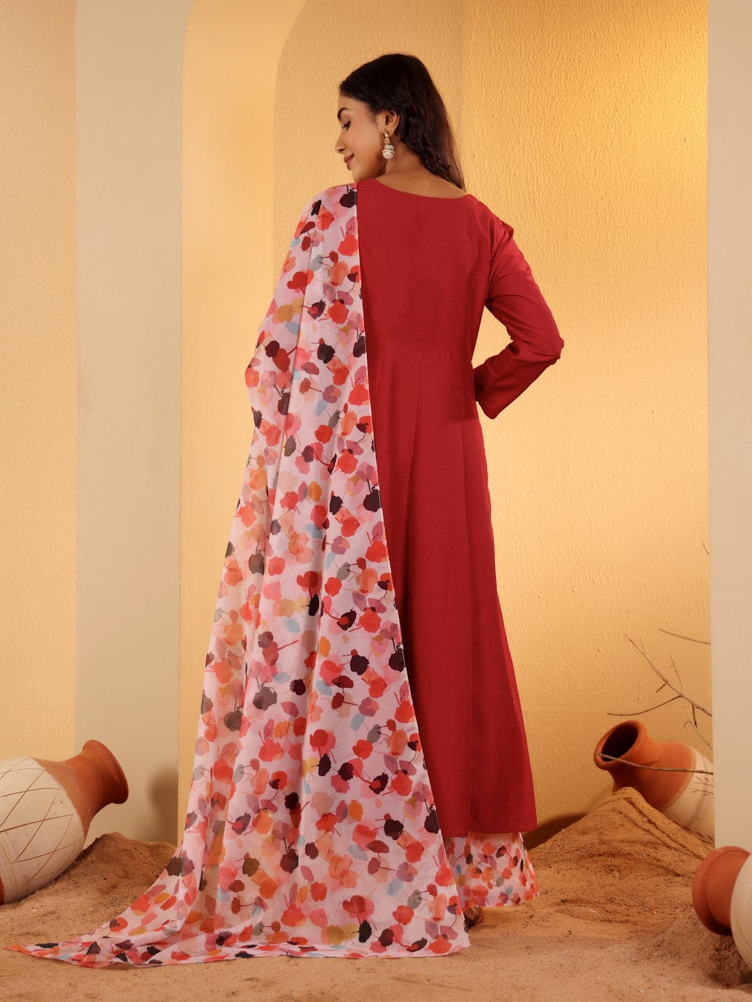 The Kurti Collection Women Maroon Anarkali Kurta Paired With Contrast Bottom And Dupatta