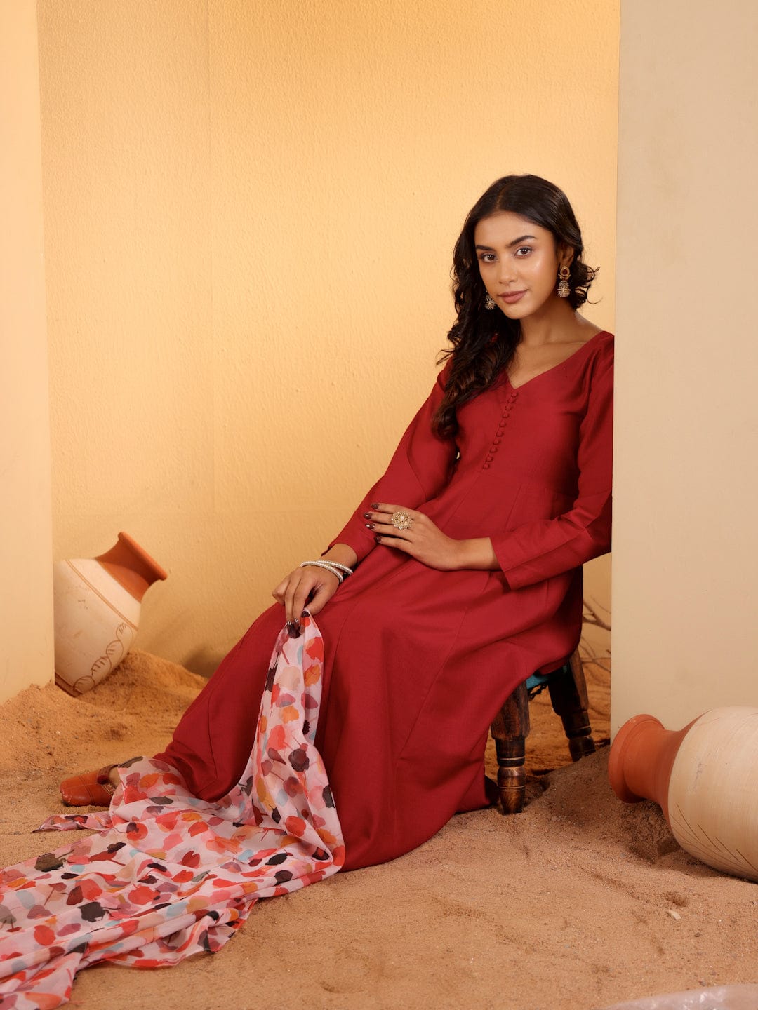 The Kurti Collection Women Maroon Anarkali Kurta Paired With Contrast Bottom And Dupatta