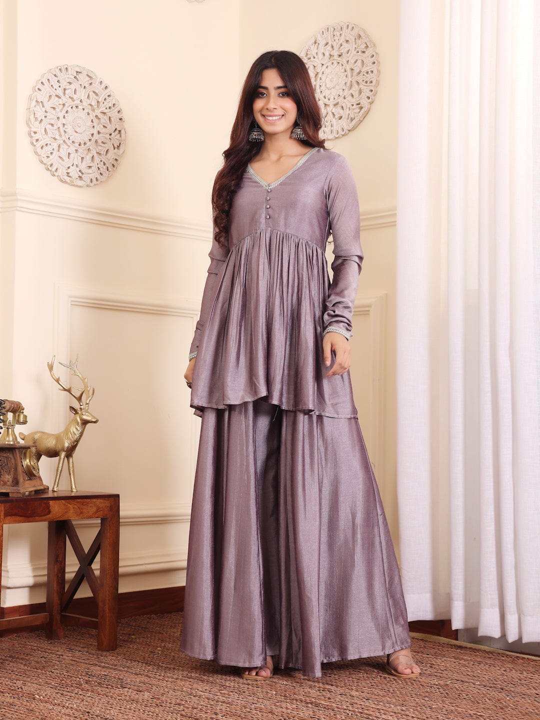 The Kurti Collection V-Neck Lavendar & Silver Toned Gotta Patti A-Line Flared Kurta with Palazzo