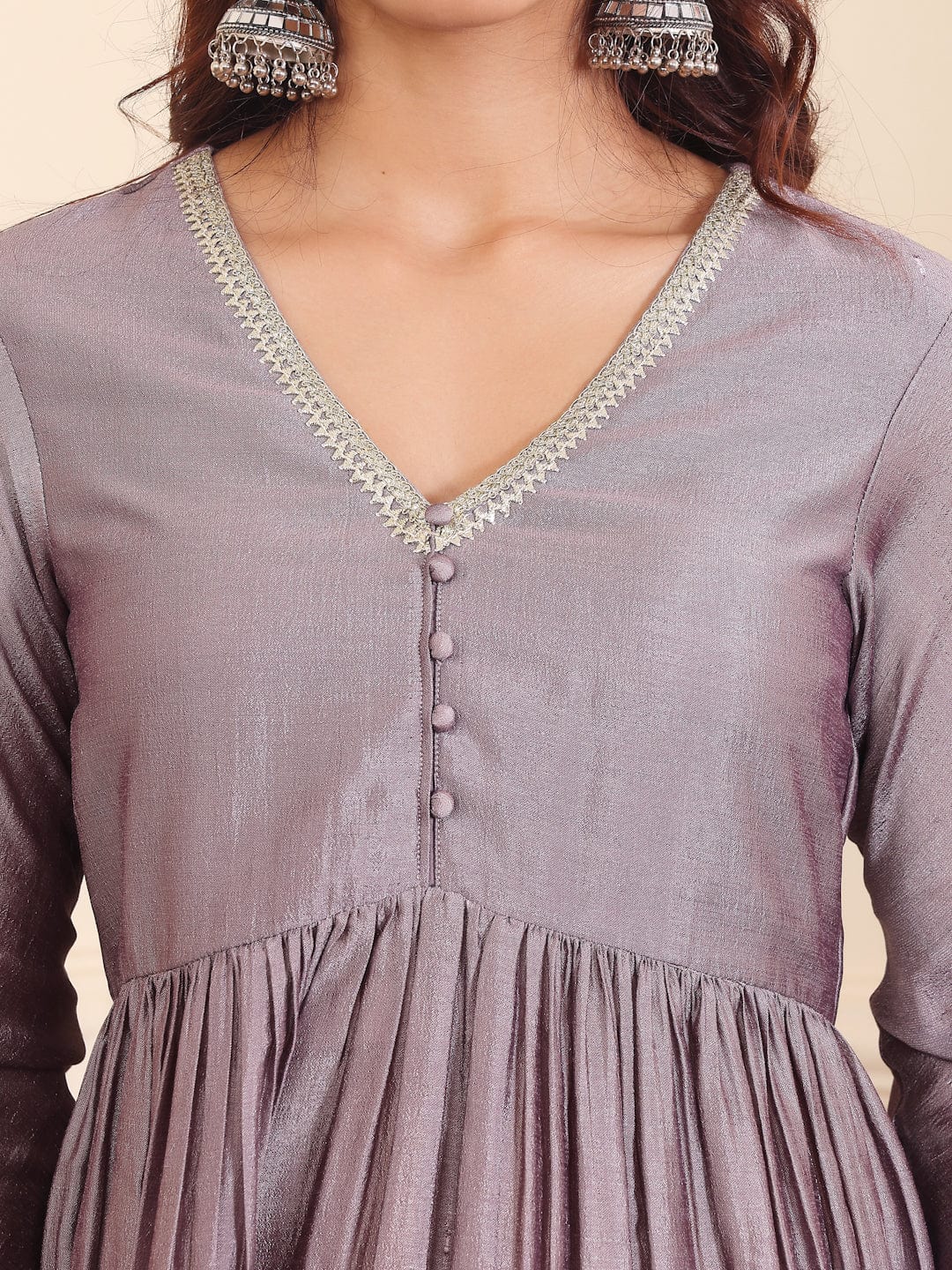 The Kurti Collection V-Neck Lavendar & Silver Toned Gotta Patti A-Line Flared Kurta with Palazzo