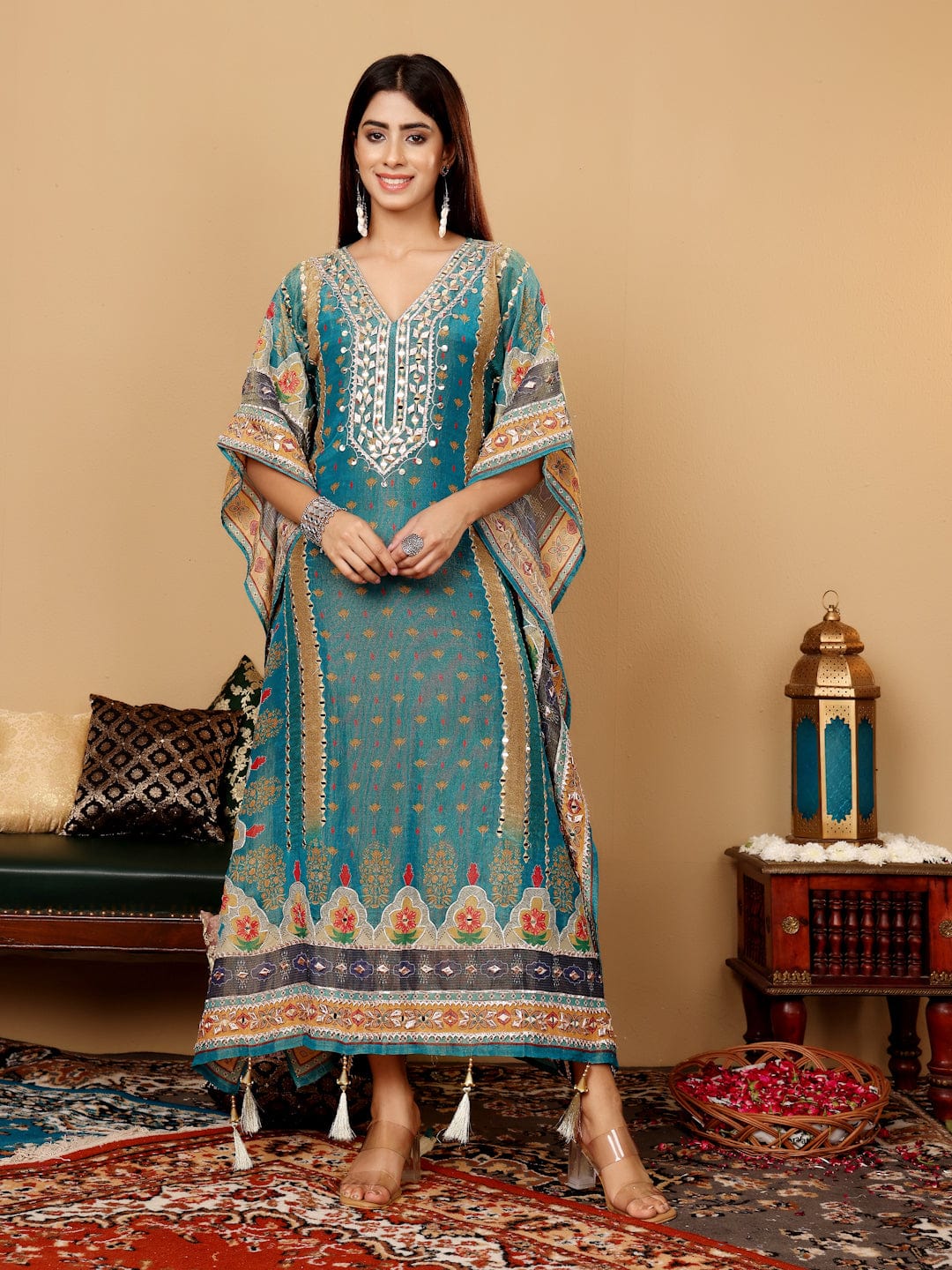 The Kurti Collection Women Teal Blue Pure Silk Gotta And Mirror Work Kaftan With Tulip Pants