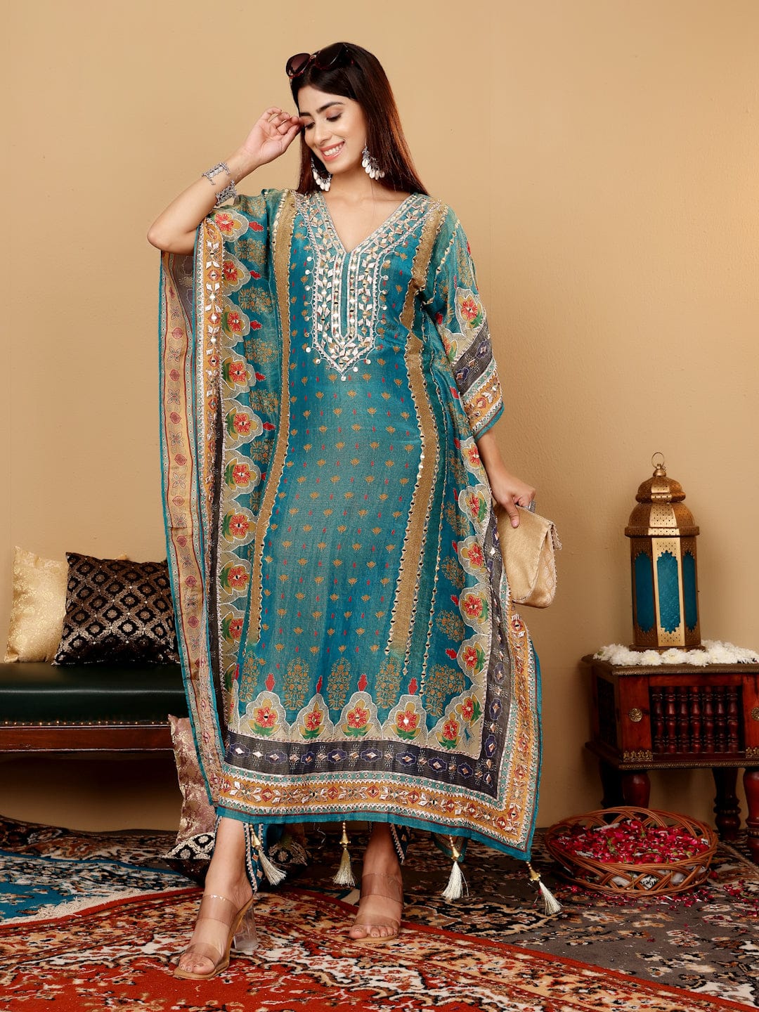 The Kurti Collection Women Teal Blue Pure Silk Gotta And Mirror Work Kaftan With Tulip Pants