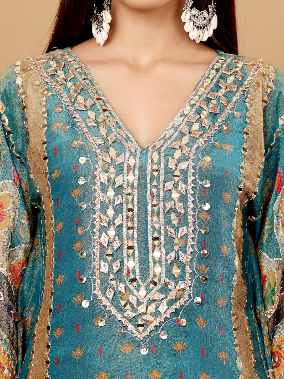 The Kurti Collection Women Teal Blue Pure Silk Gotta And Mirror Work Kaftan With Tulip Pants