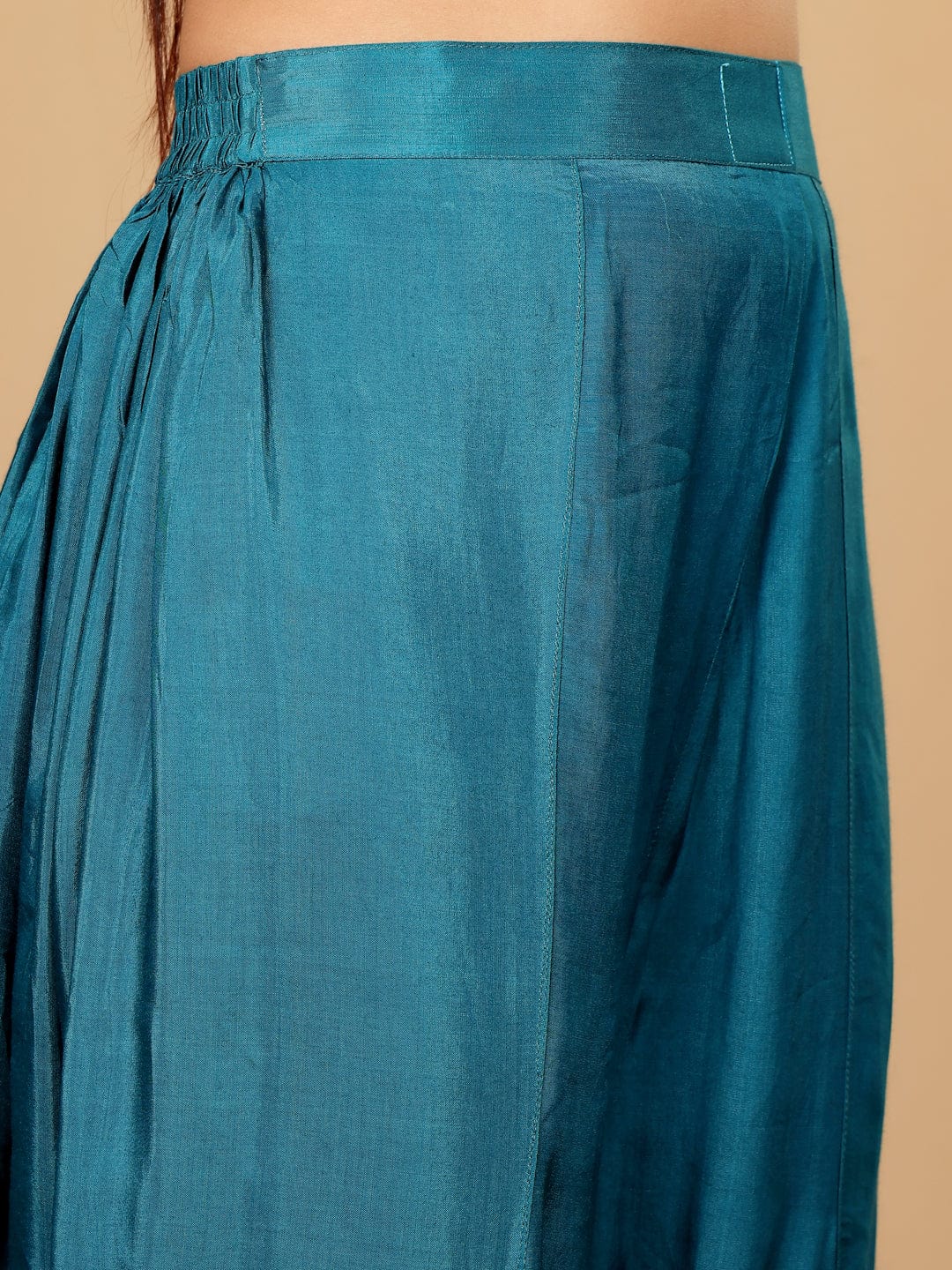 The Kurti Collection Women Teal Blue Pure Silk Gotta And Mirror Work Kaftan With Tulip Pants