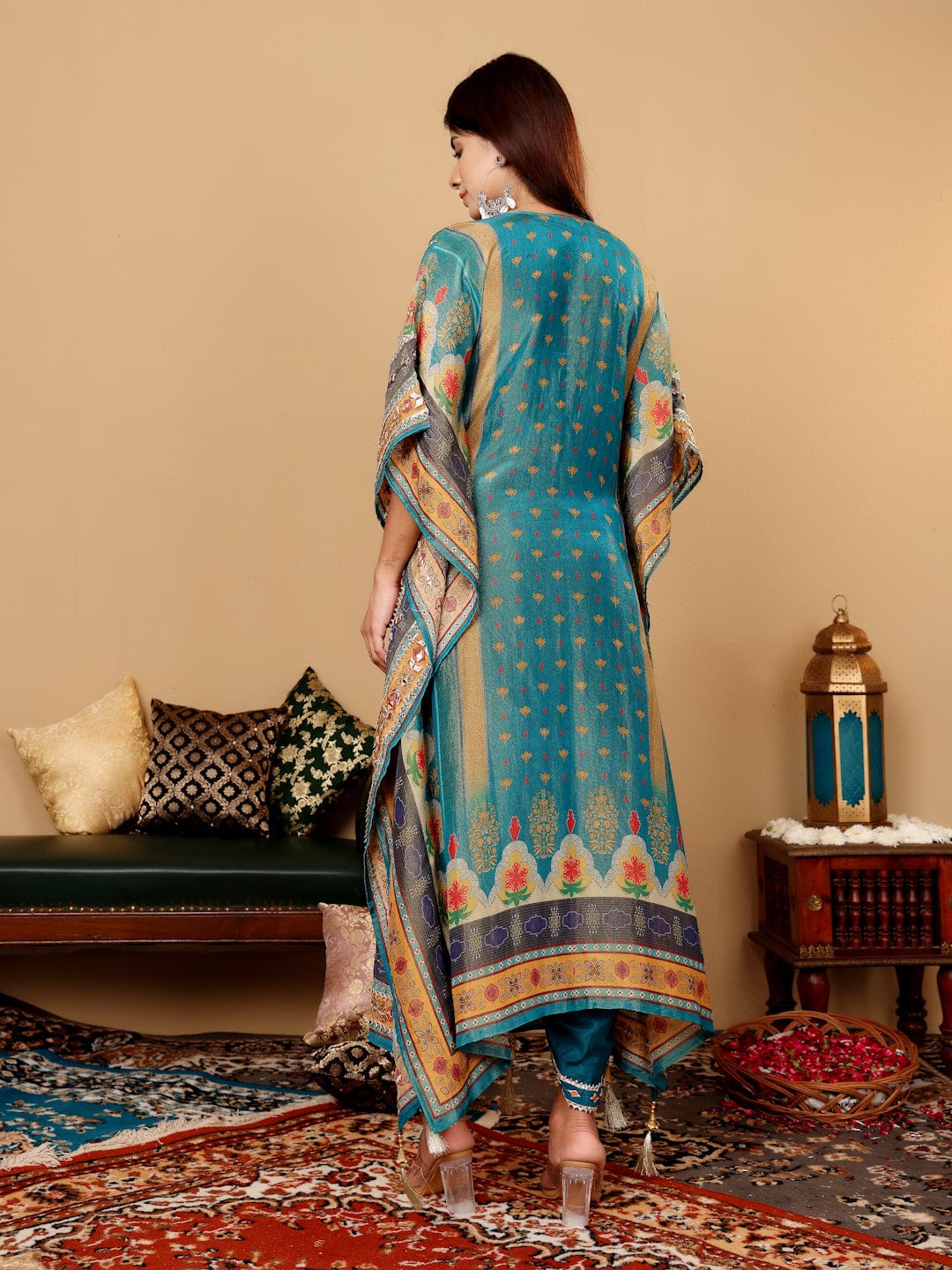 The Kurti Collection Women Teal Blue Pure Silk Gotta And Mirror Work Kaftan With Tulip Pants