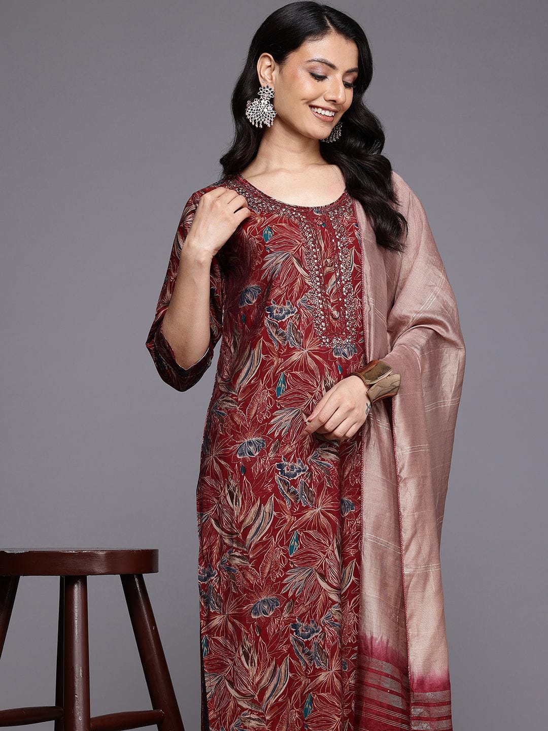 The Kurti Collection Women Red Foil Printed Yoke Embroidered Round Neck Kurta Paired with Bottom and Dupatta