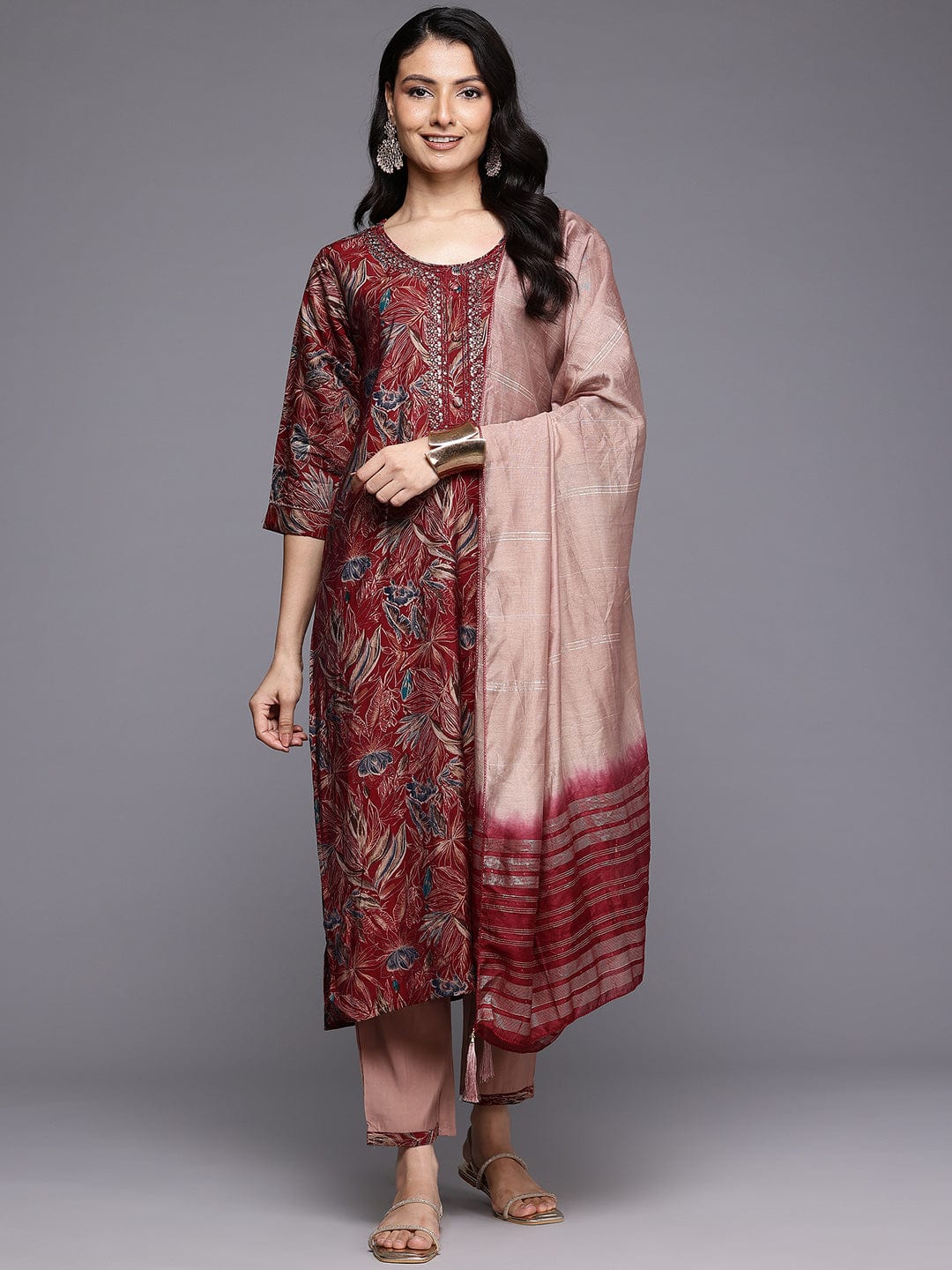 The Kurti Collection Women Red Foil Printed Yoke Embroidered Round Neck Kurta Paired with Bottom and Dupatta