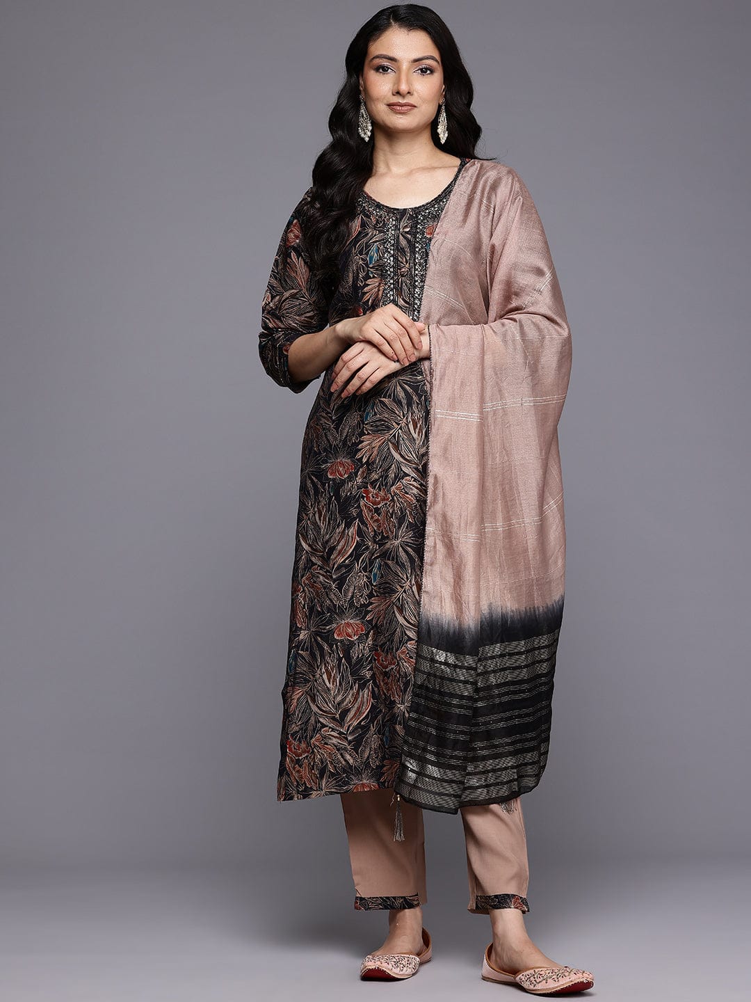 The Kurti Collection Women Black Round Neck Printed Embroidered Kurta Paired with Bottom and Dupatta