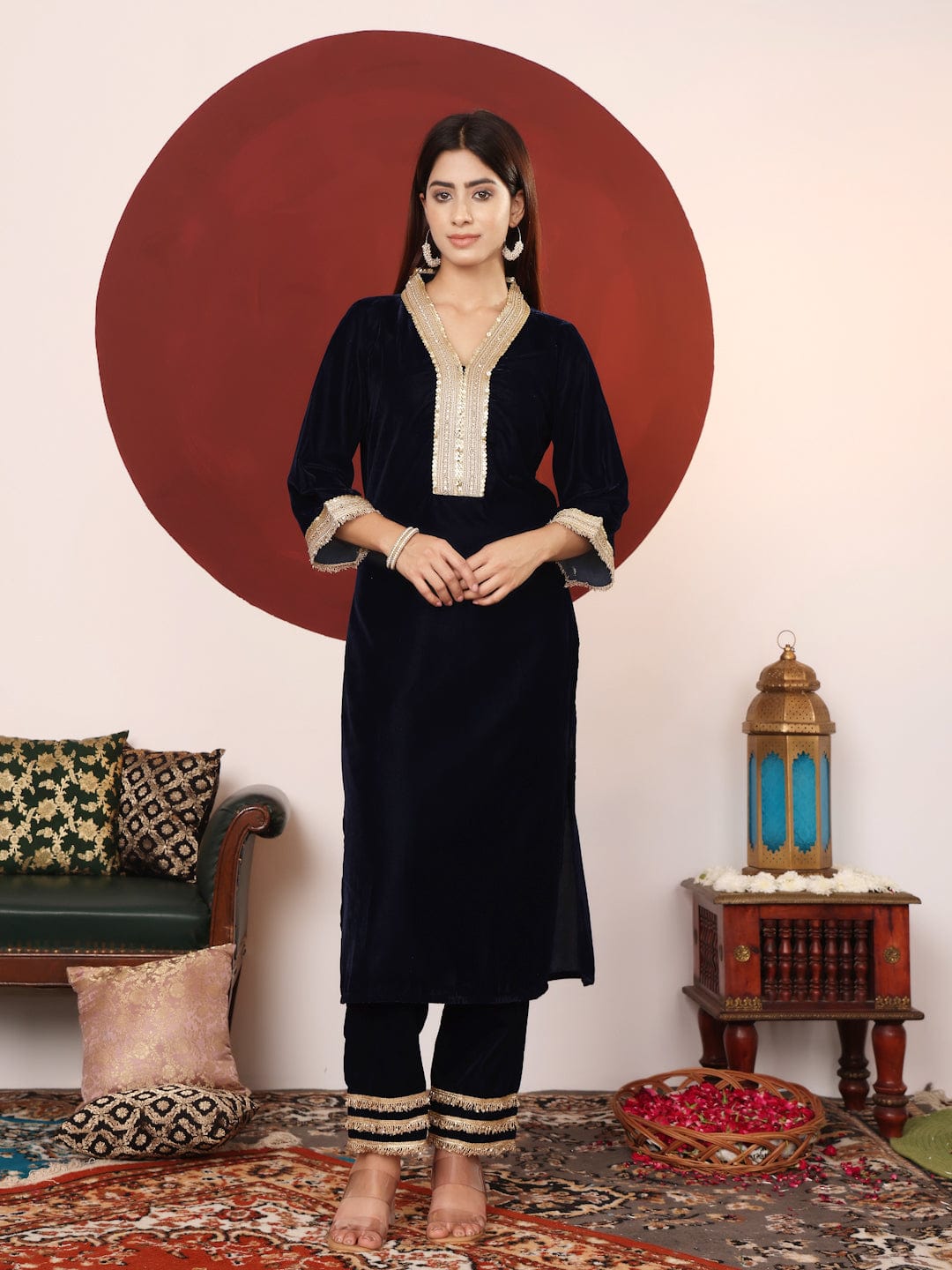 The Kurti Collection Women Navy Blue Straight Velvet Kurta Set With Dupatta