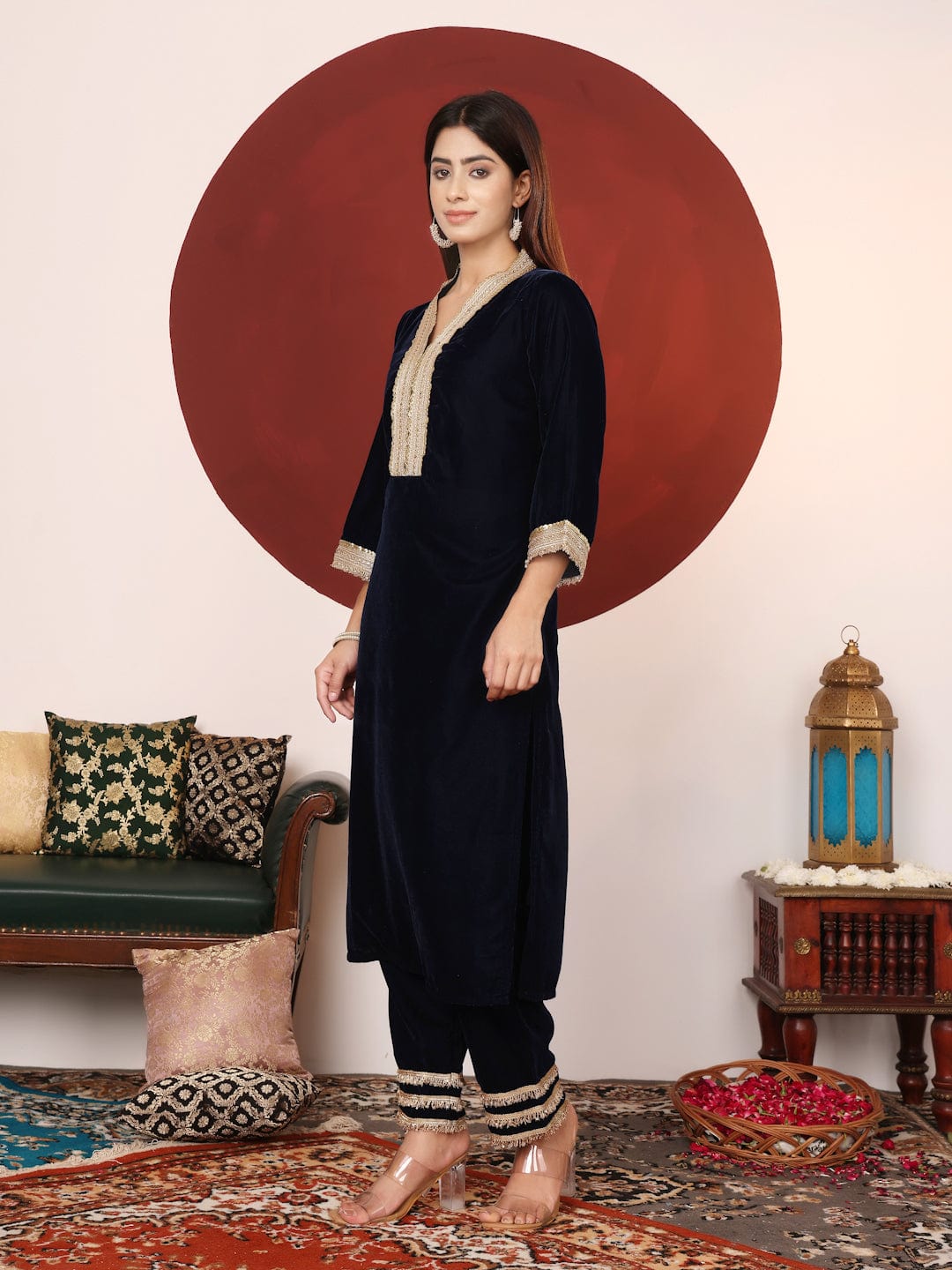 The Kurti Collection Women Navy Blue Straight Velvet Kurta Set With Dupatta