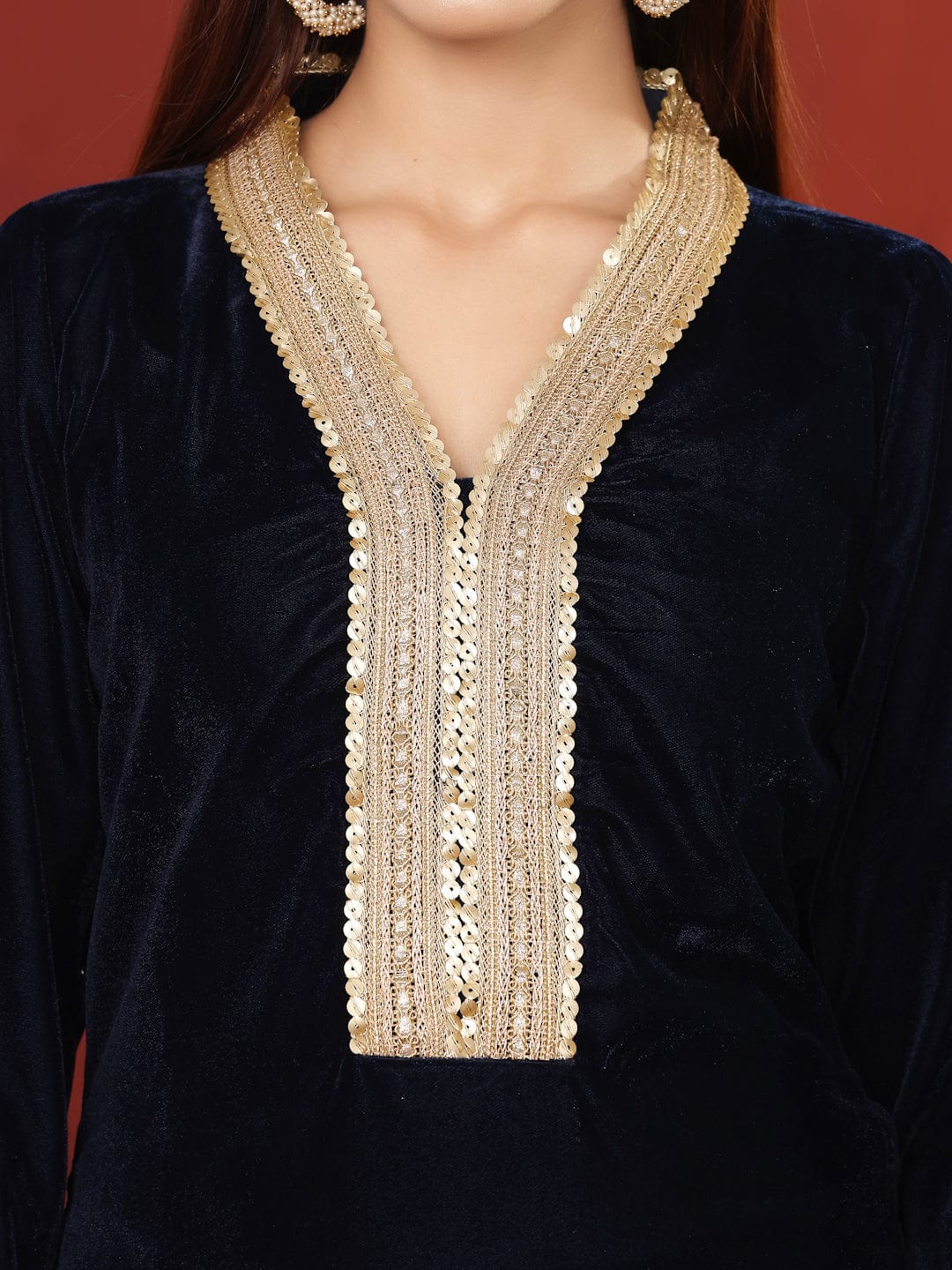 The Kurti Collection Women Navy Blue Straight Velvet Kurta Set With Dupatta