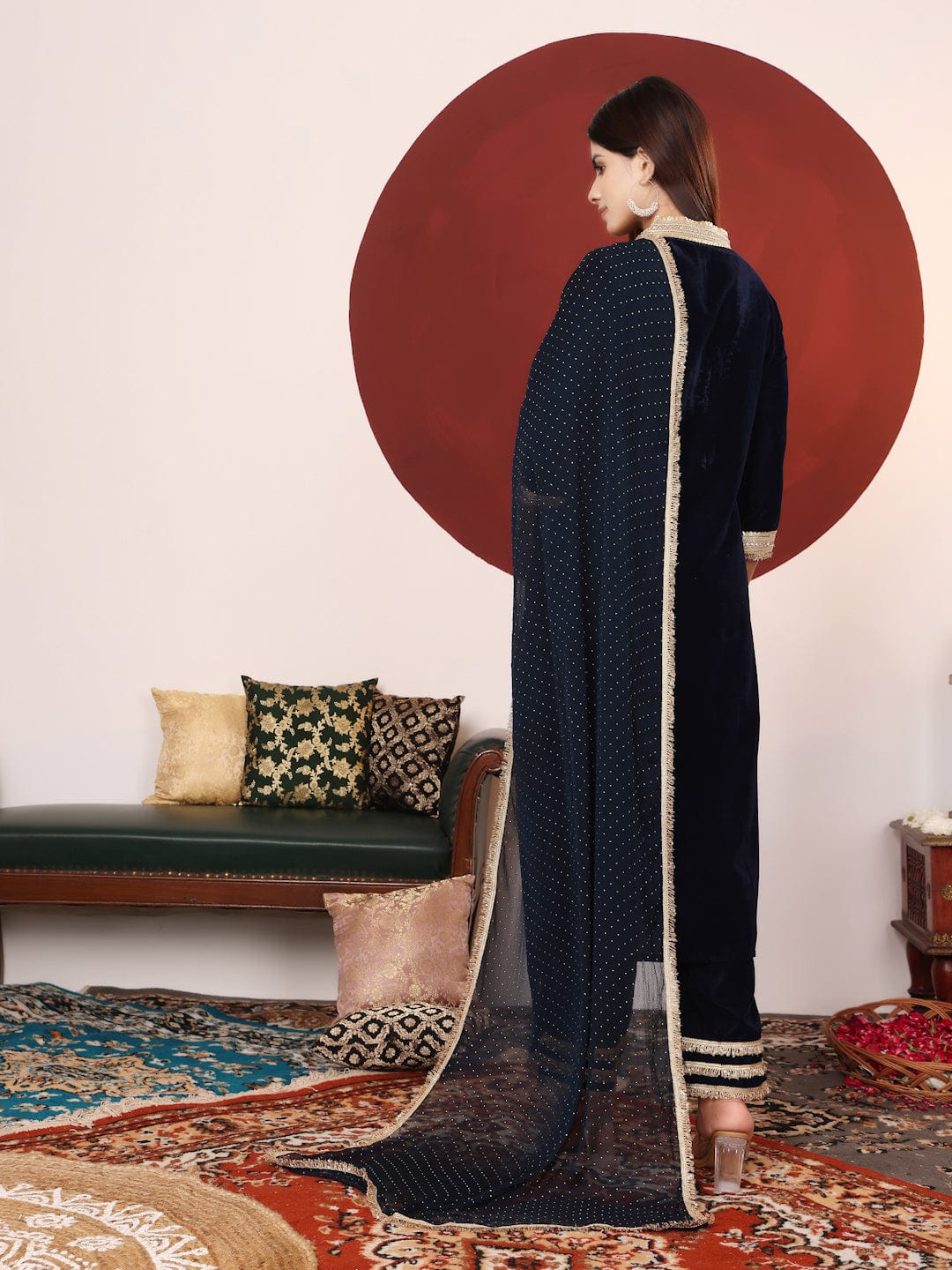 The Kurti Collection Women Navy Blue Straight Velvet Kurta Set With Dupatta