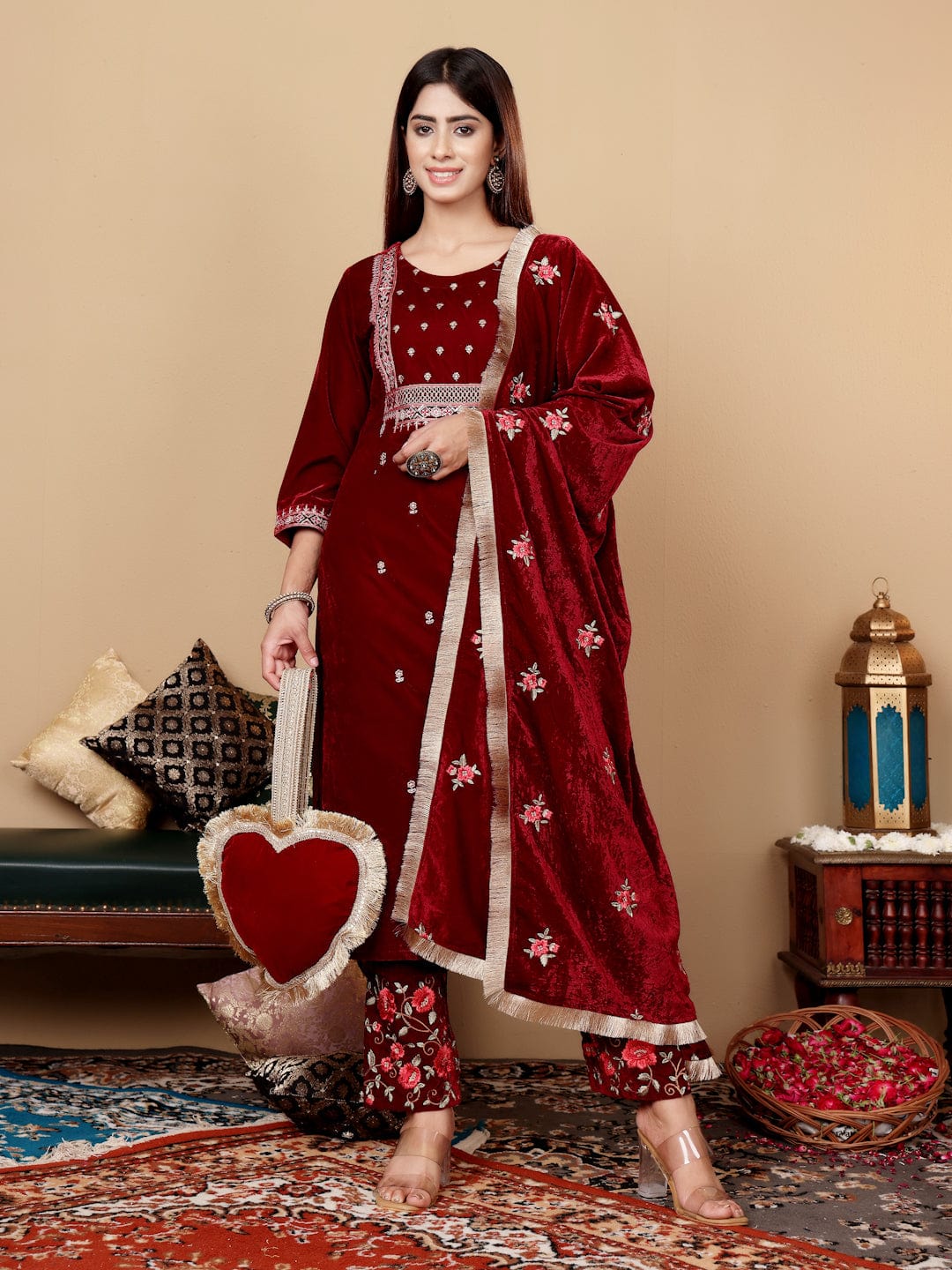 The Kurti Collection Women Maroon Velvet Thread Embroidered Straight Kurta With Trousers And Fringed Velvet Dupatta.