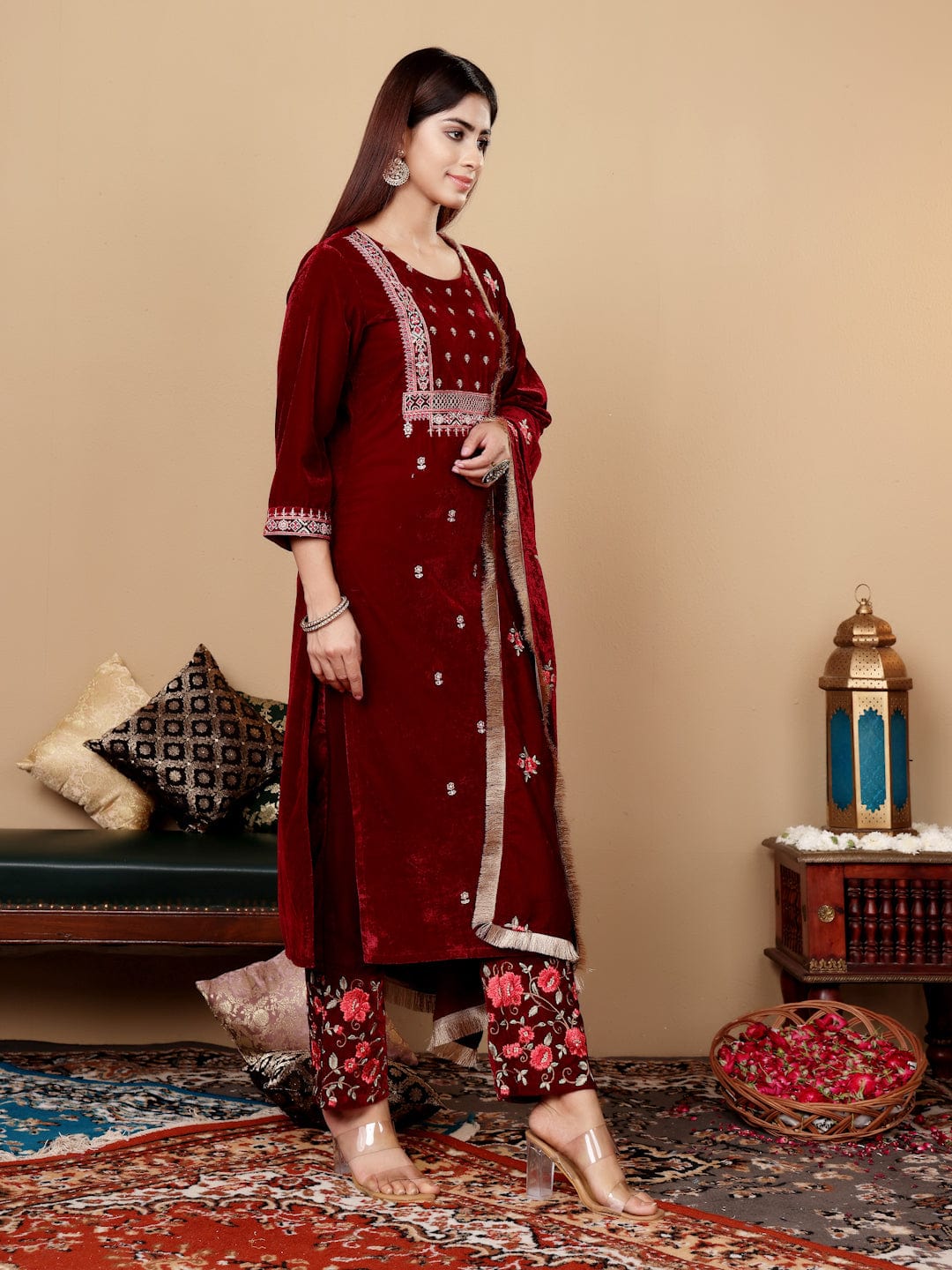 The Kurti Collection Women Maroon Velvet Thread Embroidered Straight Kurta With Trousers And Fringed Velvet Dupatta.