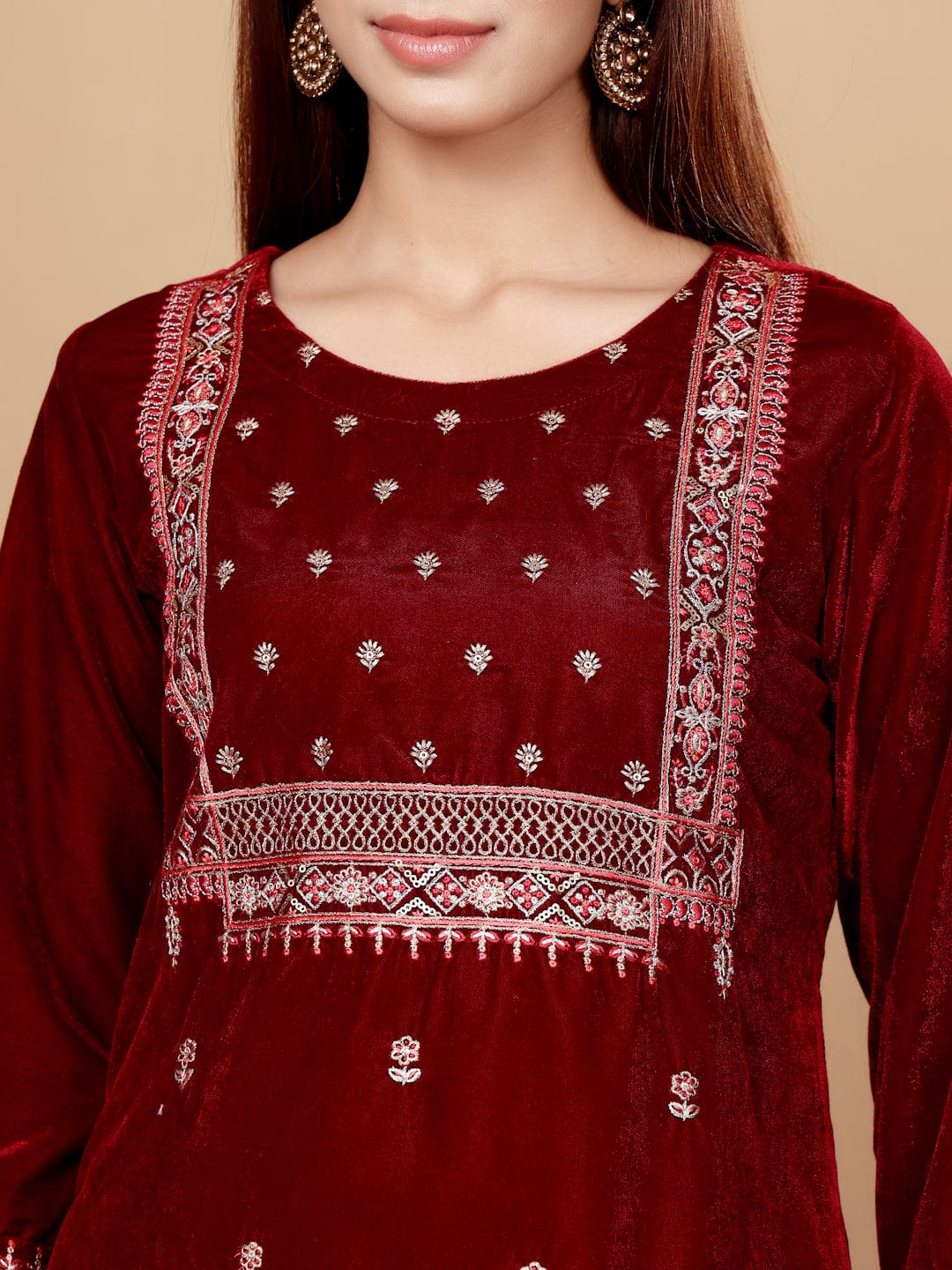 The Kurti Collection Women Maroon Velvet Thread Embroidered Straight Kurta With Trousers And Fringed Velvet Dupatta.