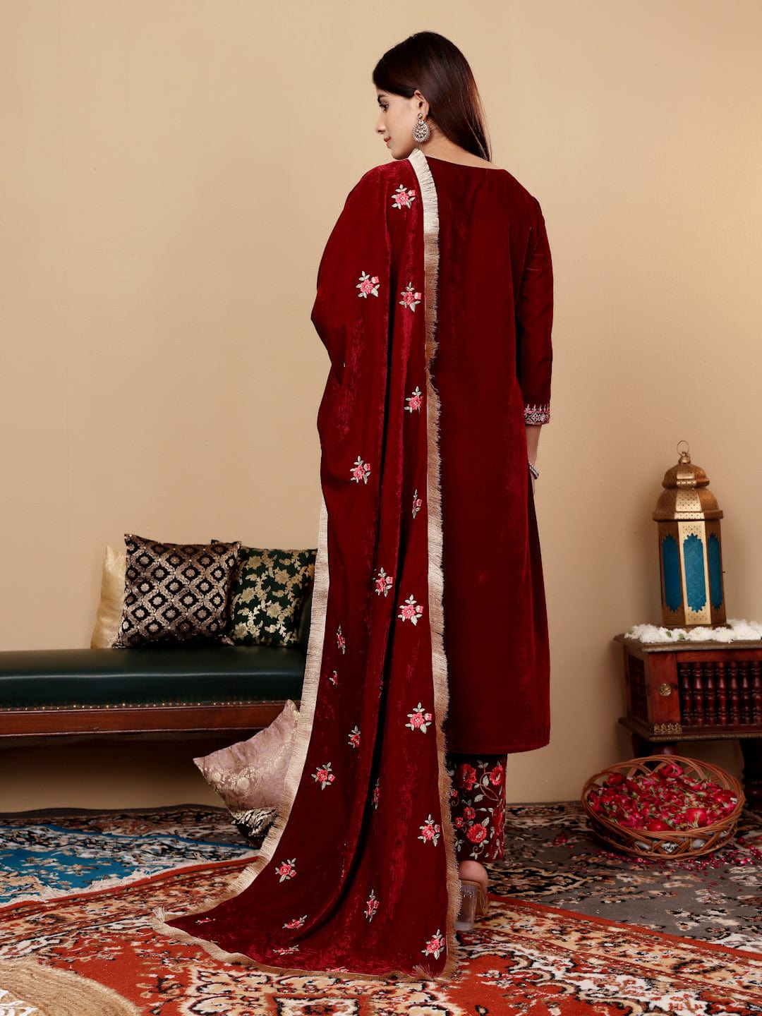 The Kurti Collection Women Maroon Velvet Thread Embroidered Straight Kurta With Trousers And Fringed Velvet Dupatta.