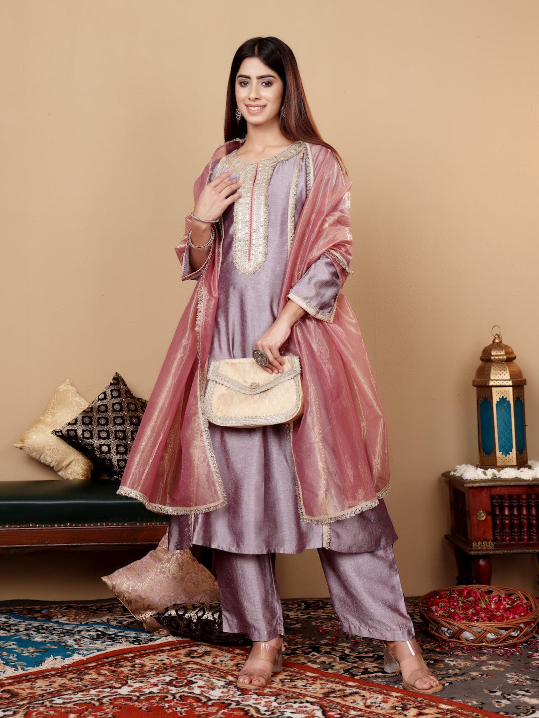 The Kurti Collection Women Lavender Zari Lace Embellished Anarkali Kurta With Trousers And Tissue Dupatta.