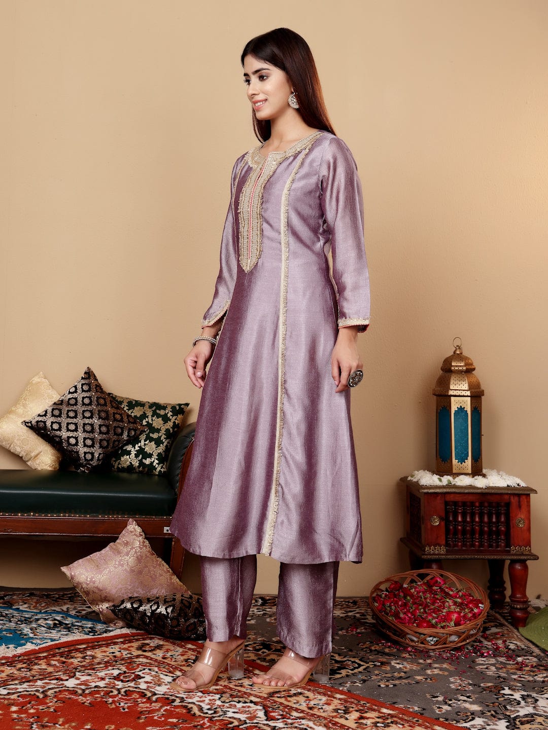 The Kurti Collection Women Lavender Zari Lace Embellished Anarkali Kurta With Trousers And Tissue Dupatta.