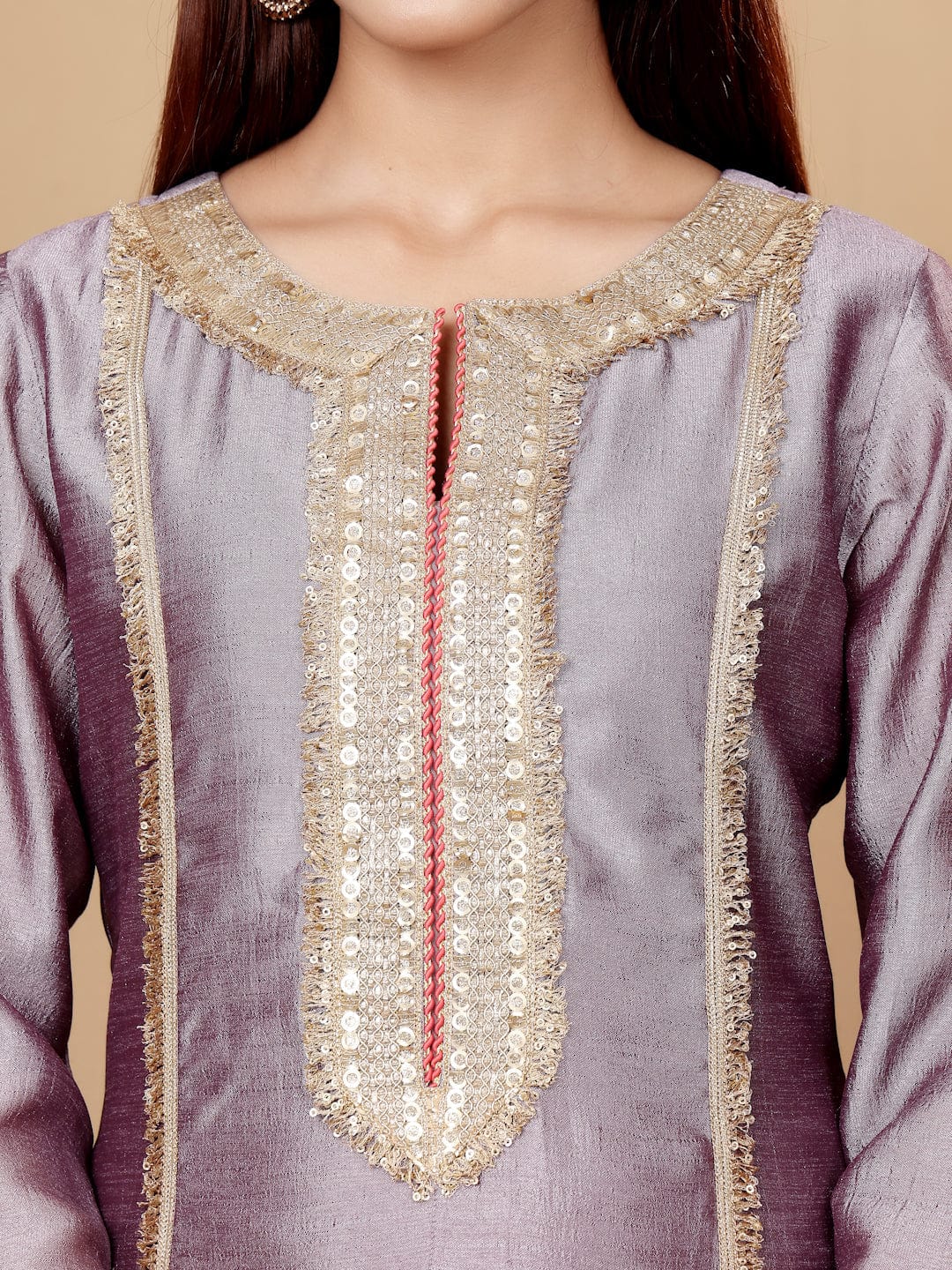 The Kurti Collection Women Lavender Zari Lace Embellished Anarkali Kurta With Trousers And Tissue Dupatta.