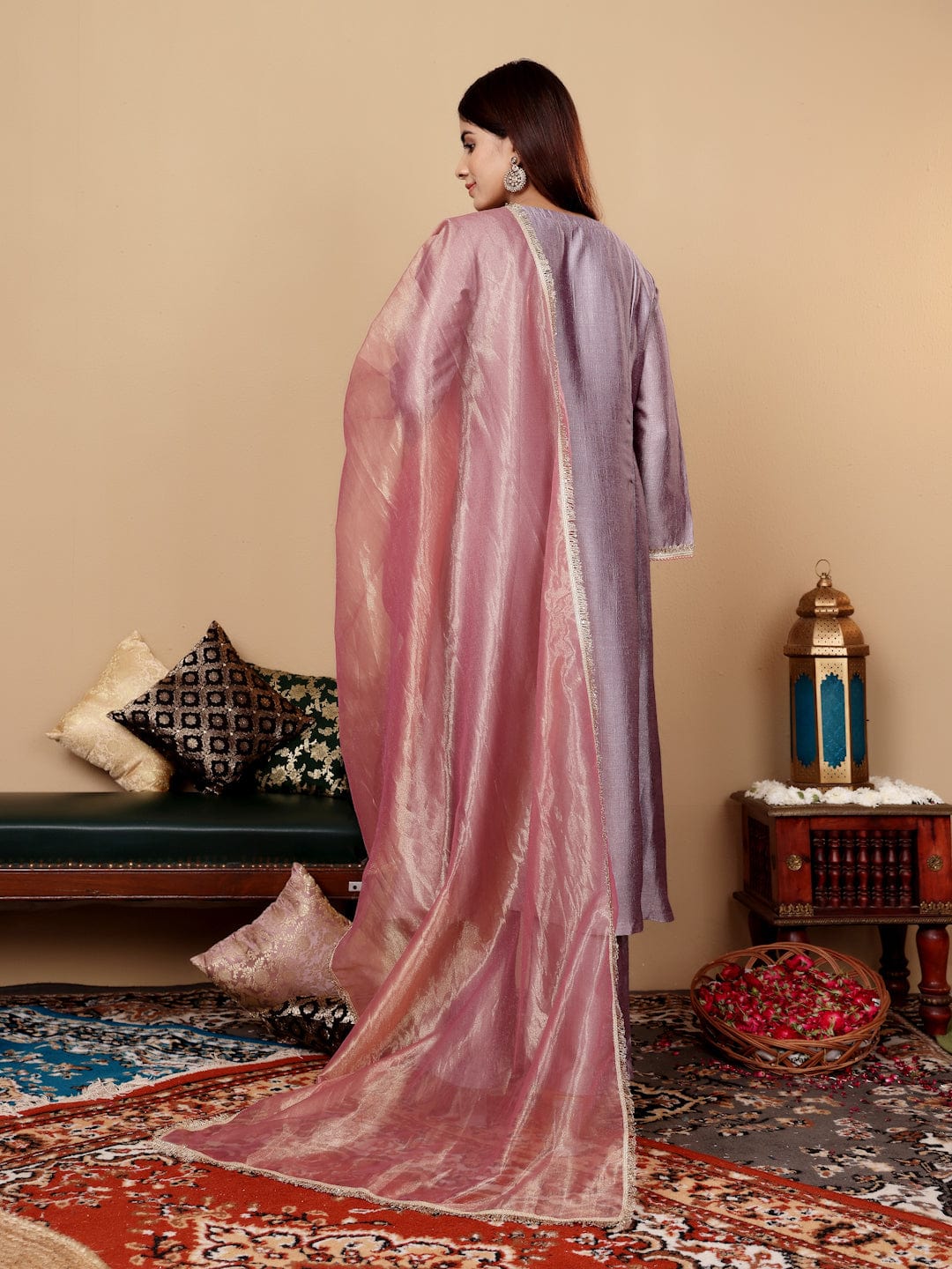 The Kurti Collection Women Lavender Zari Lace Embellished Anarkali Kurta With Trousers And Tissue Dupatta.