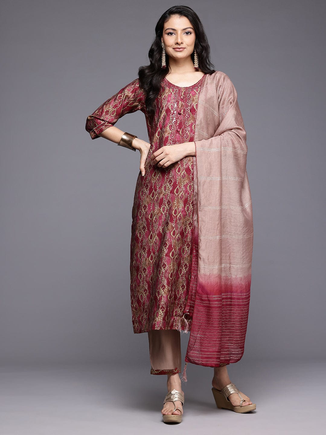 The Kurti Collection Women Printed Pink Floral Embroidered Round Neck Kurta Paired with Bottom and Dupatta
