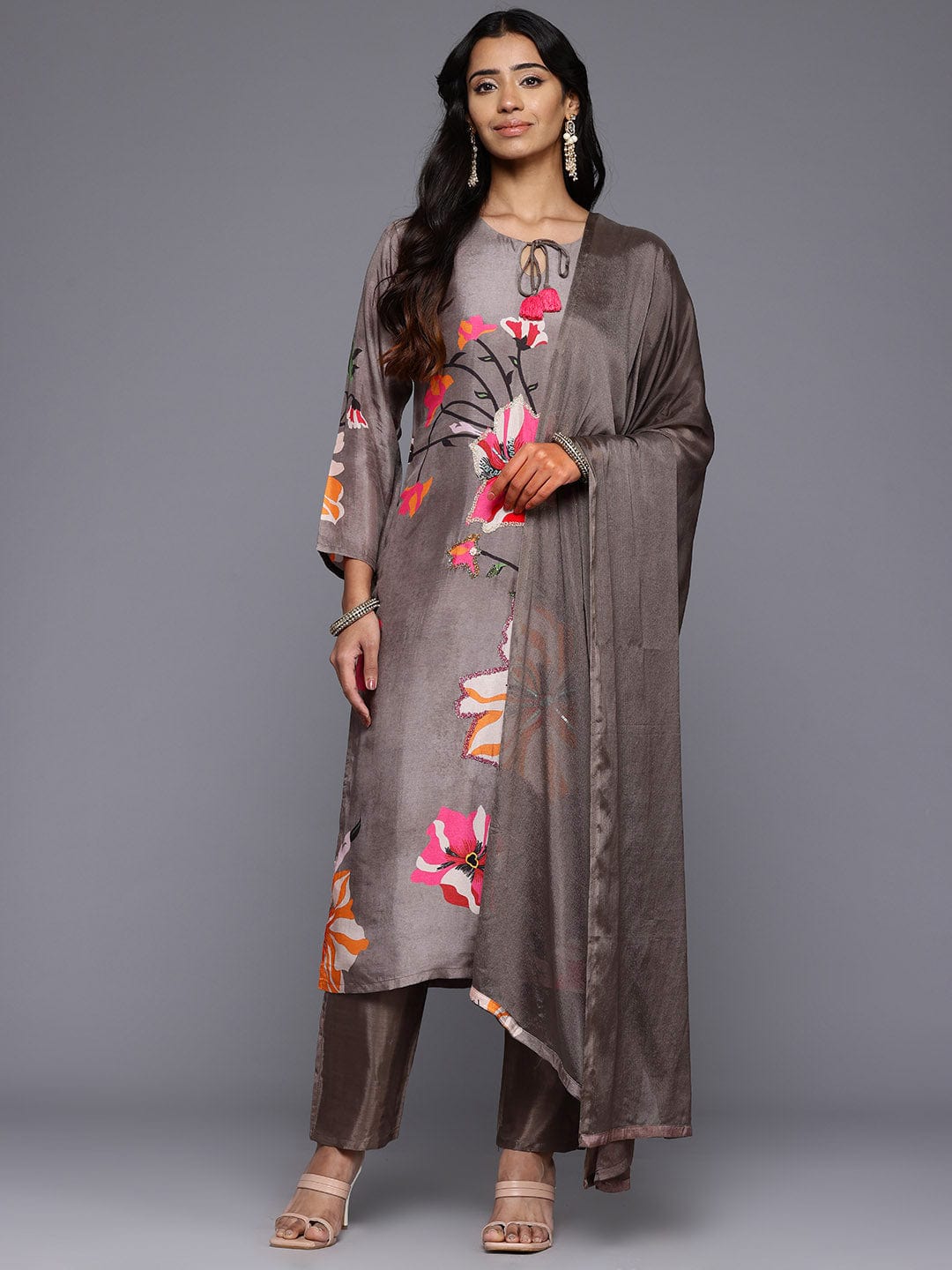 The Kurti Collection Women Grey Floral Printed Beads and Stones Embellished Straight Kurta with Trousers and Dupatta
