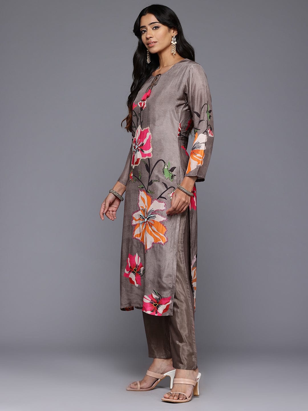 The Kurti Collection Women Grey Floral Printed Beads and Stones Embellished Straight Kurta with Trousers and Dupatta