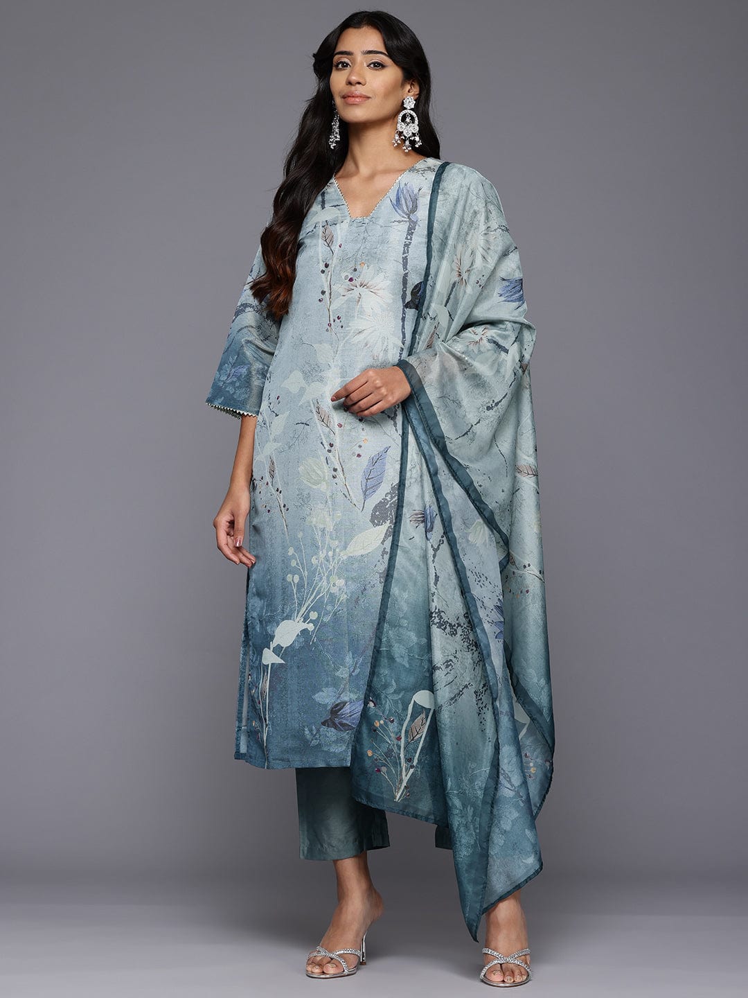 The Kurti Collection Women Grey Blue Floral Printed Straight Kurta with Trousers and Dupatta