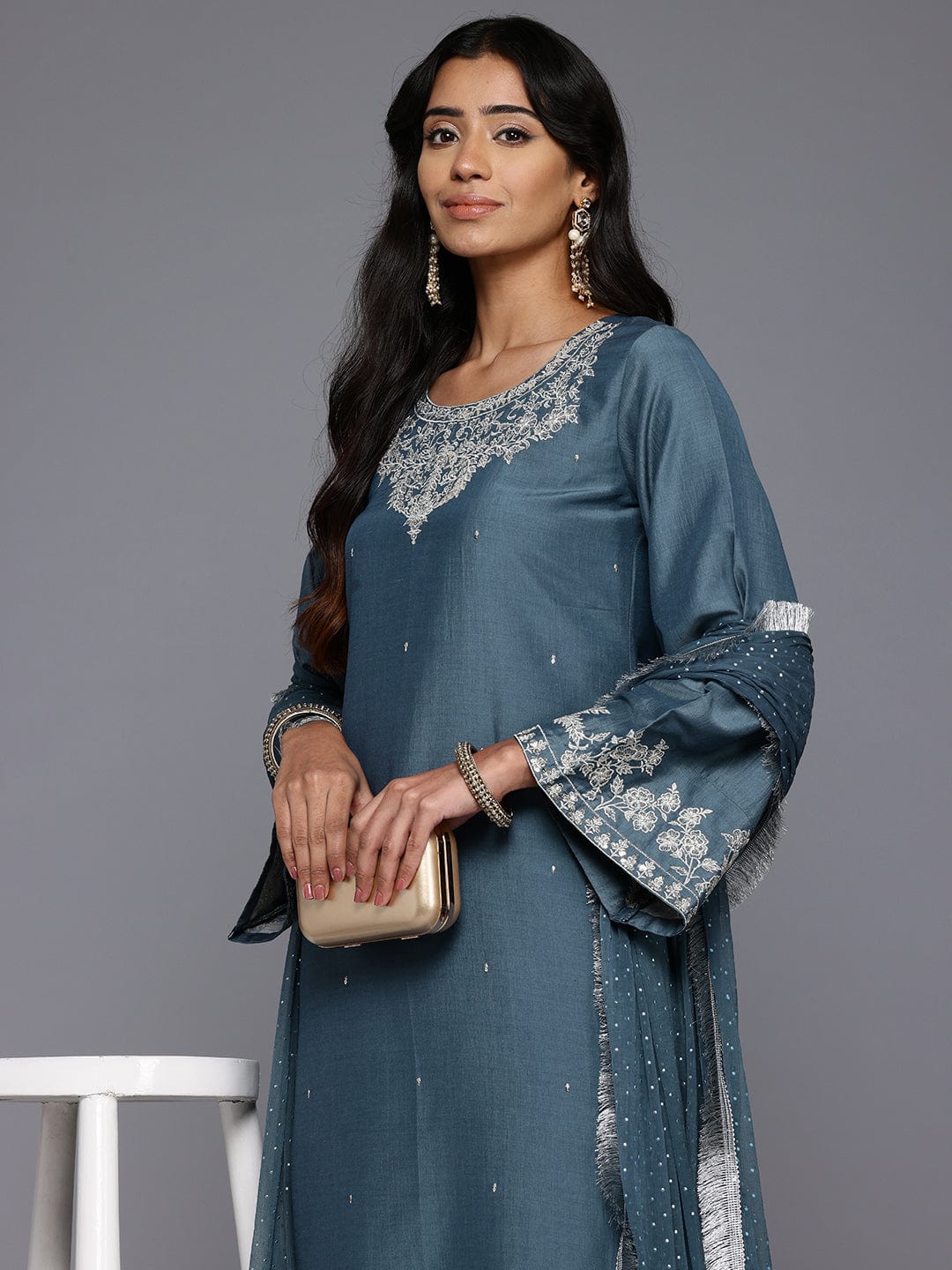 The Kurti Collection Women Grey Embroidered Straight Kurta with Bottom and Dupatta