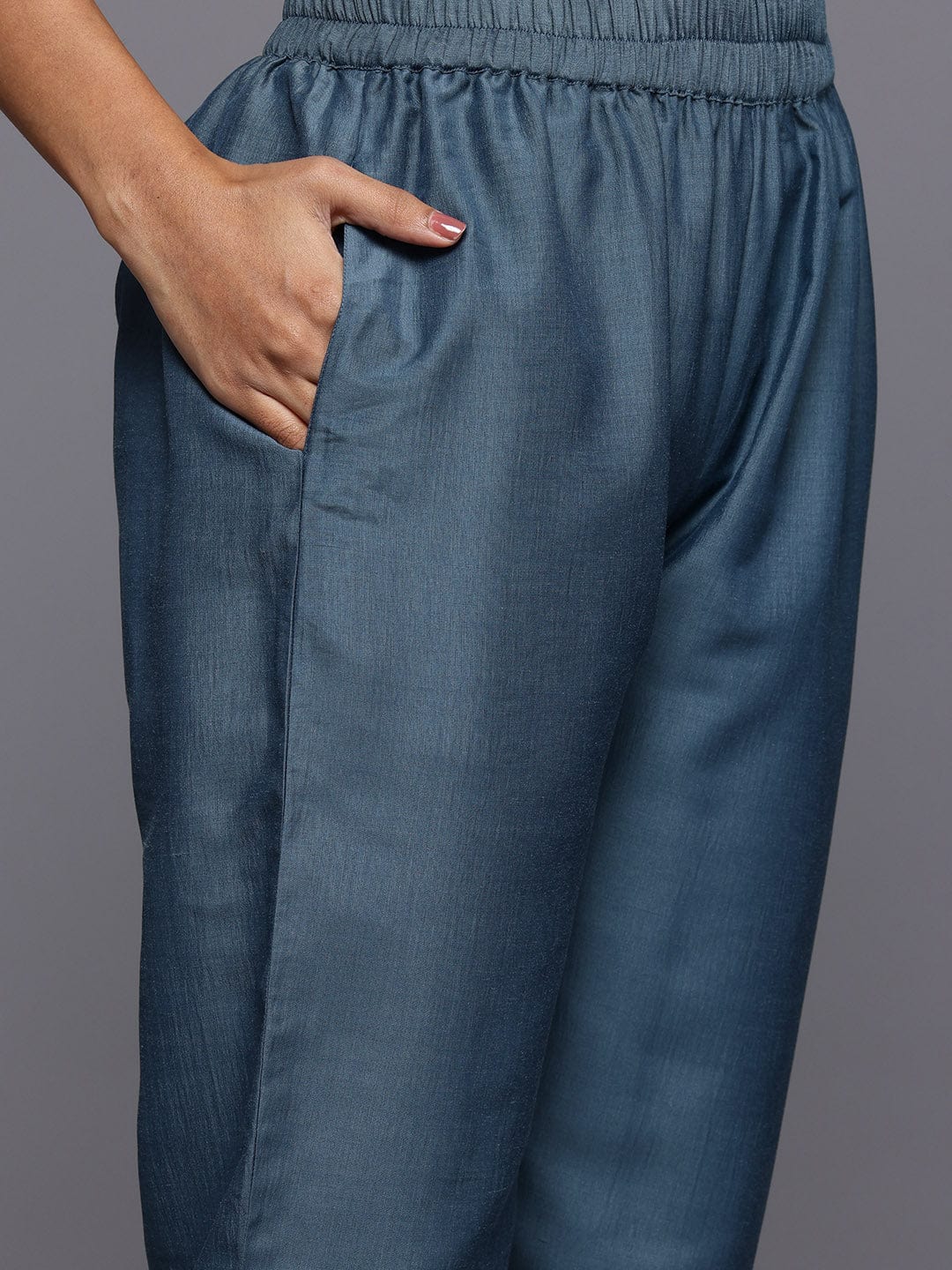 The Kurti Collection Women Grey Embroidered Straight Kurta with Bottom and Dupatta