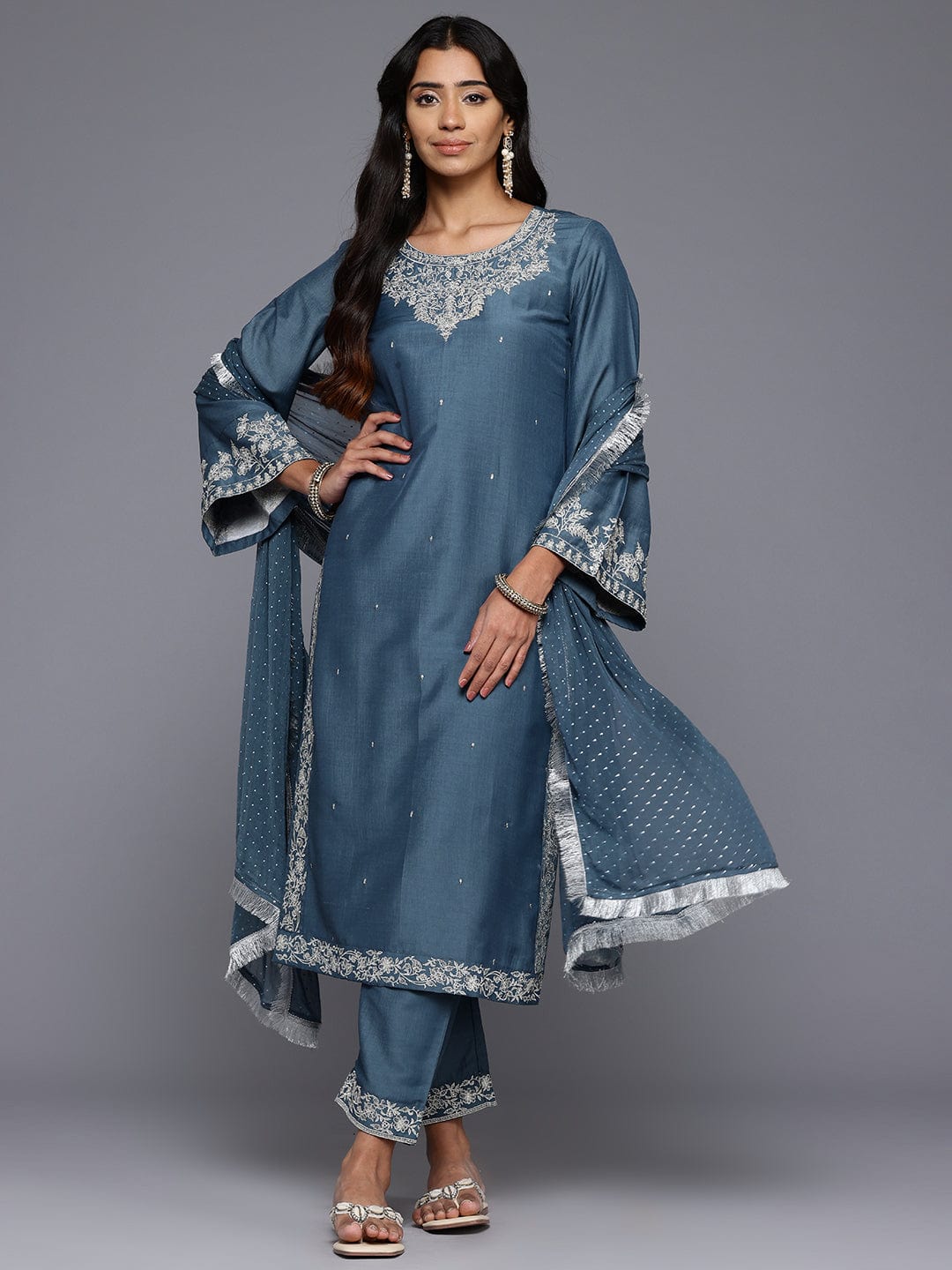 The Kurti Collection Women Grey Embroidered Straight Kurta with Bottom and Dupatta