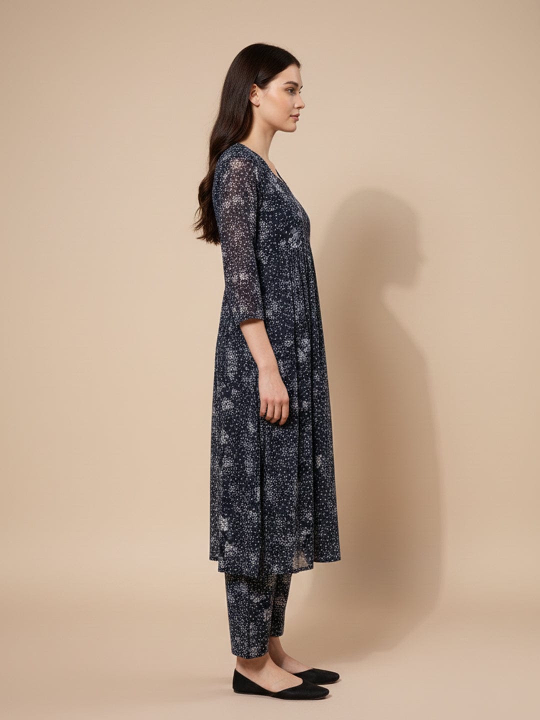 KSUT Women Navy Blue Allover Floral Printed Pleated Empire Kurta Paired With Tonal Bottom