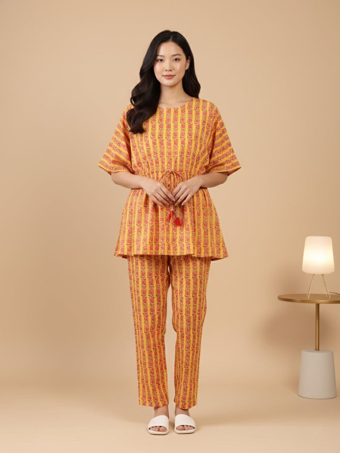 KSUT Mustard And Pink Floral Printed V Neck Kaftan Trouser Set