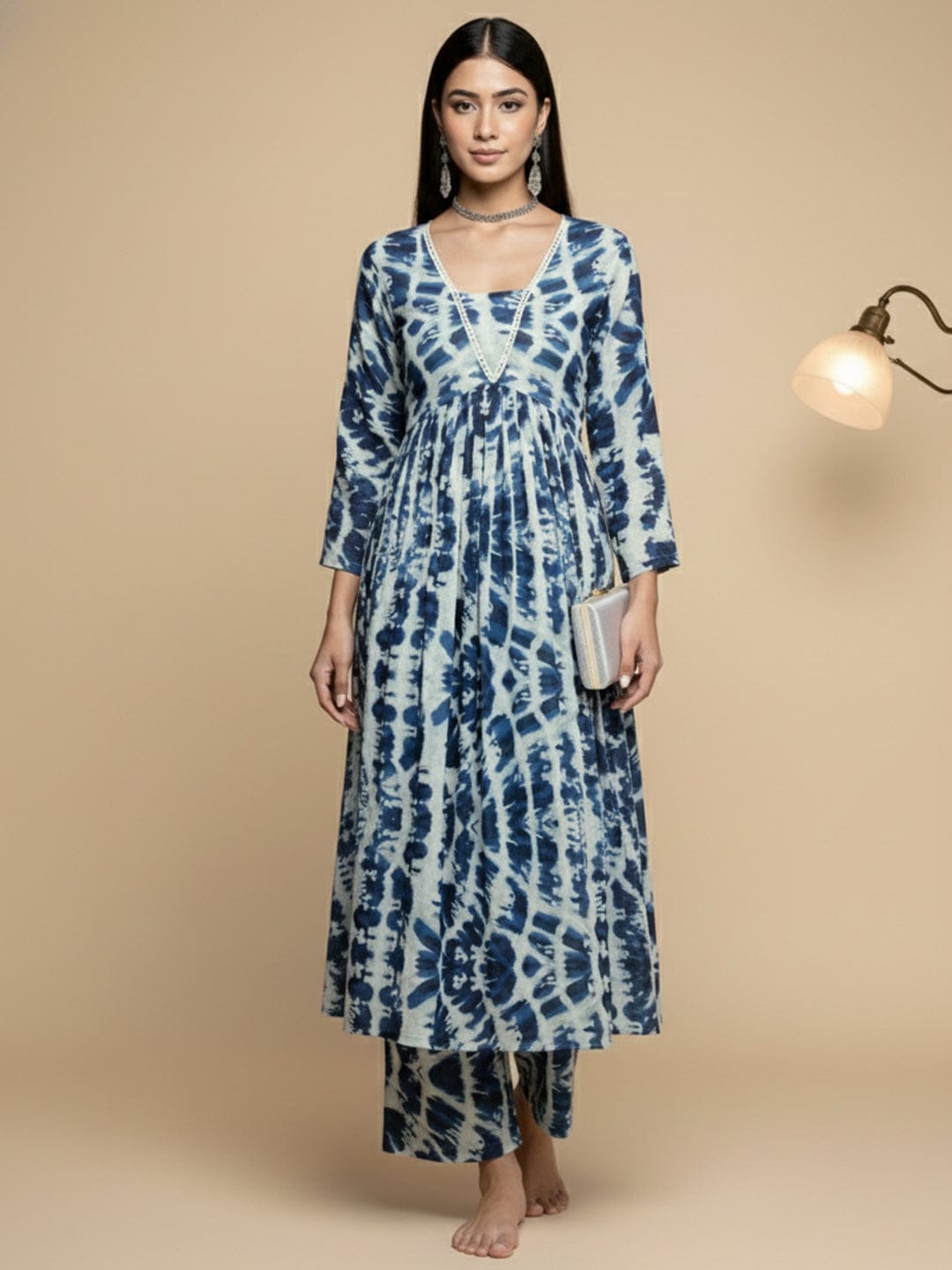 KSUT Women Blue Shibori Printed V-Neck A-Line Kurta Paired With Tonal Printed Bottom