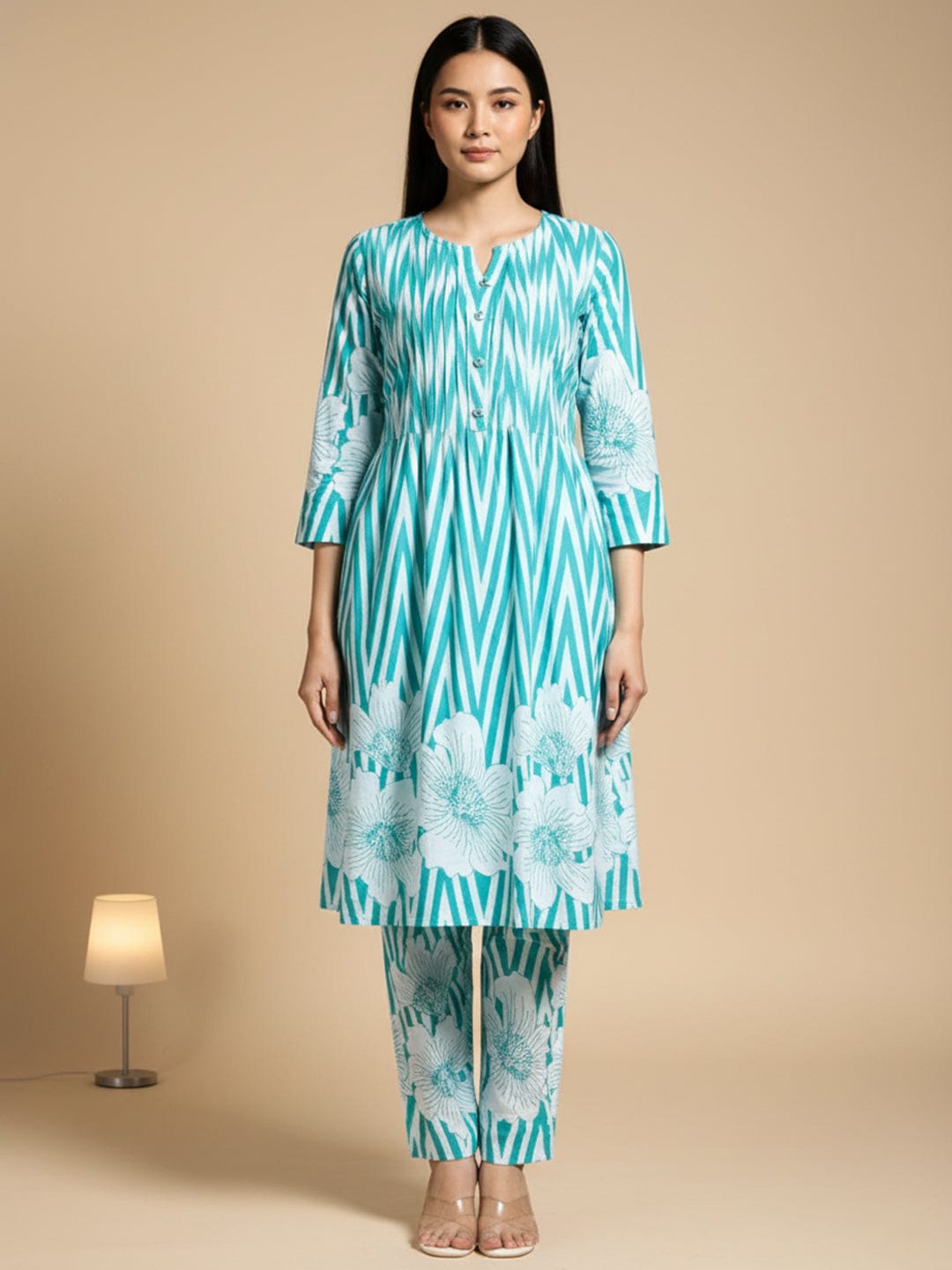 KSUT Women-Floral & Stripper Printed Flared Kurta With Trouser