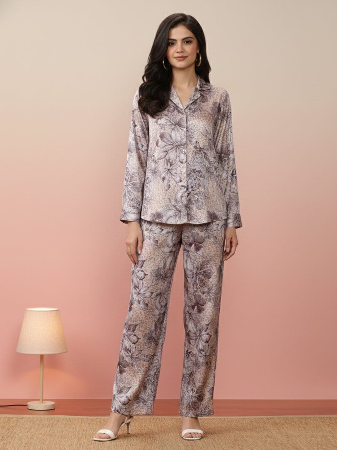 KSUT Women Grey Floral Printed Top Paired With Tonal Printed Bottom