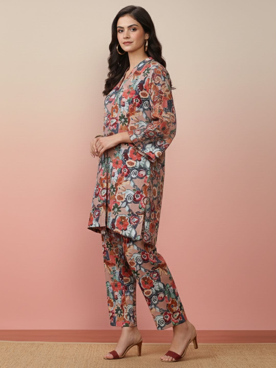 KSUT Women Beige Abstract Printed V-Neck Angrakha Style Top Paired With Tonal Printed Flared Bottom