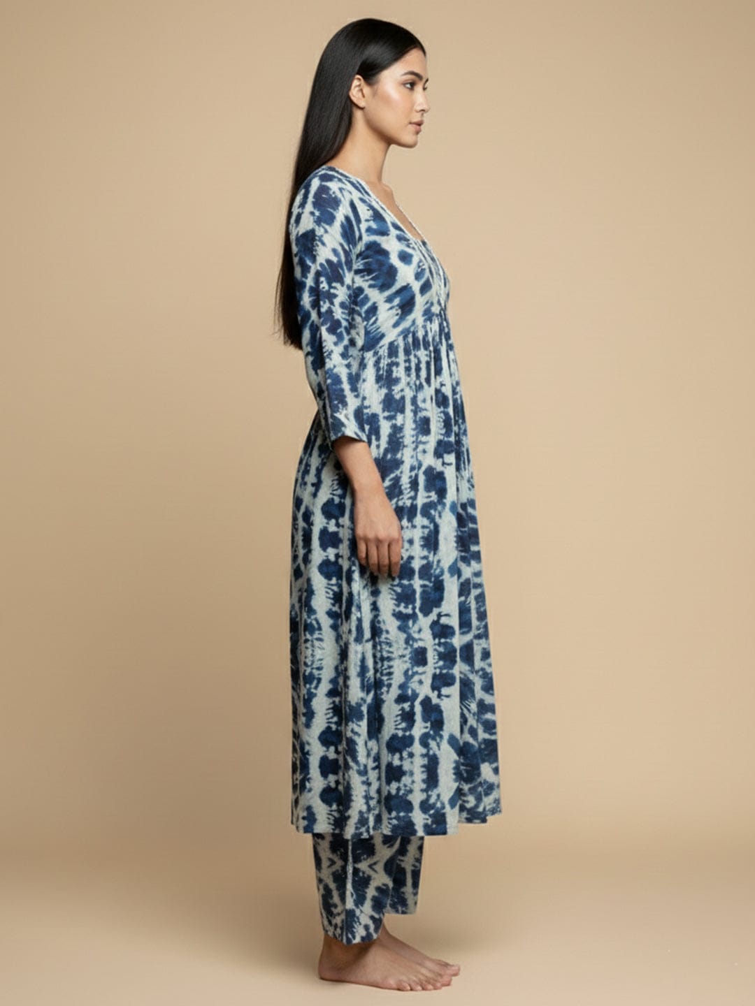 KSUT Women Blue Shibori Printed V-Neck A-Line Kurta Paired With Tonal Printed Bottom