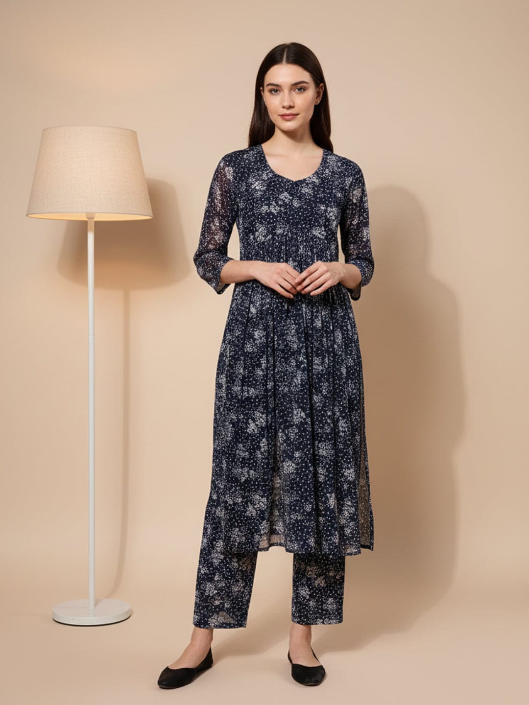 KSUT Women Navy Blue Allover Floral Printed Pleated Empire Kurta Paired With Tonal Bottom