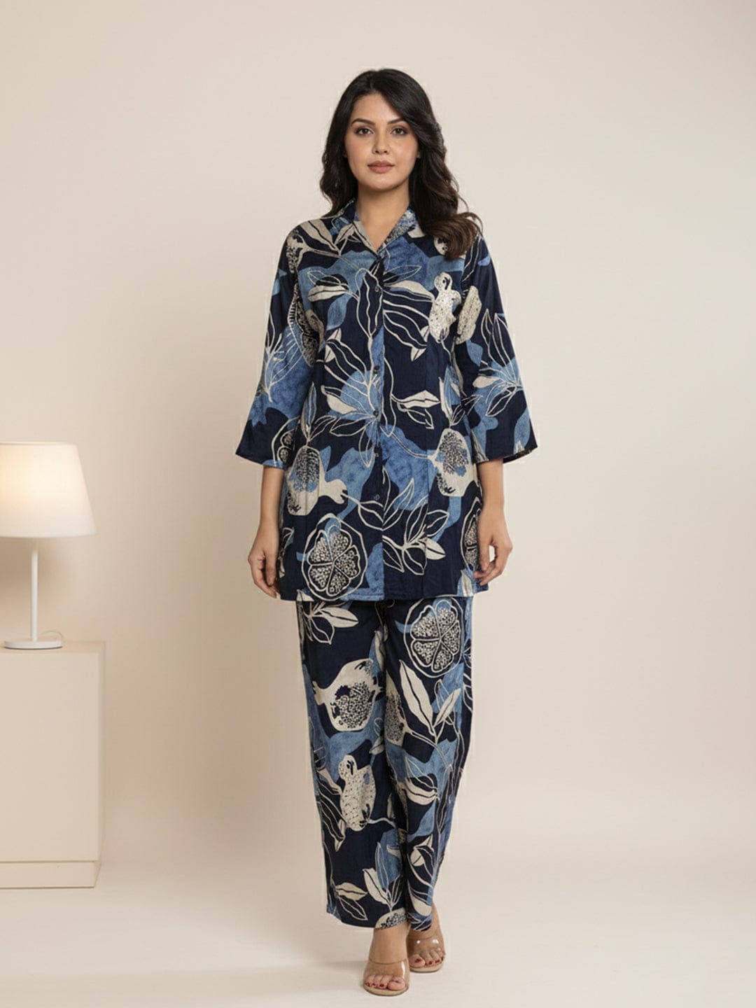 KSUT Women Floral Printed Front Placket Shirt with Flared Palazzo