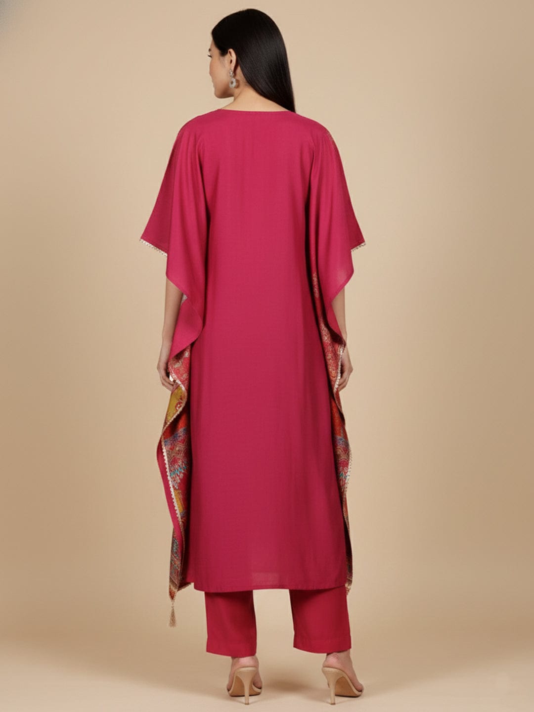 KSUT Women V Neck Ethnic Printed Zari Detailed Kaftan with Trouser